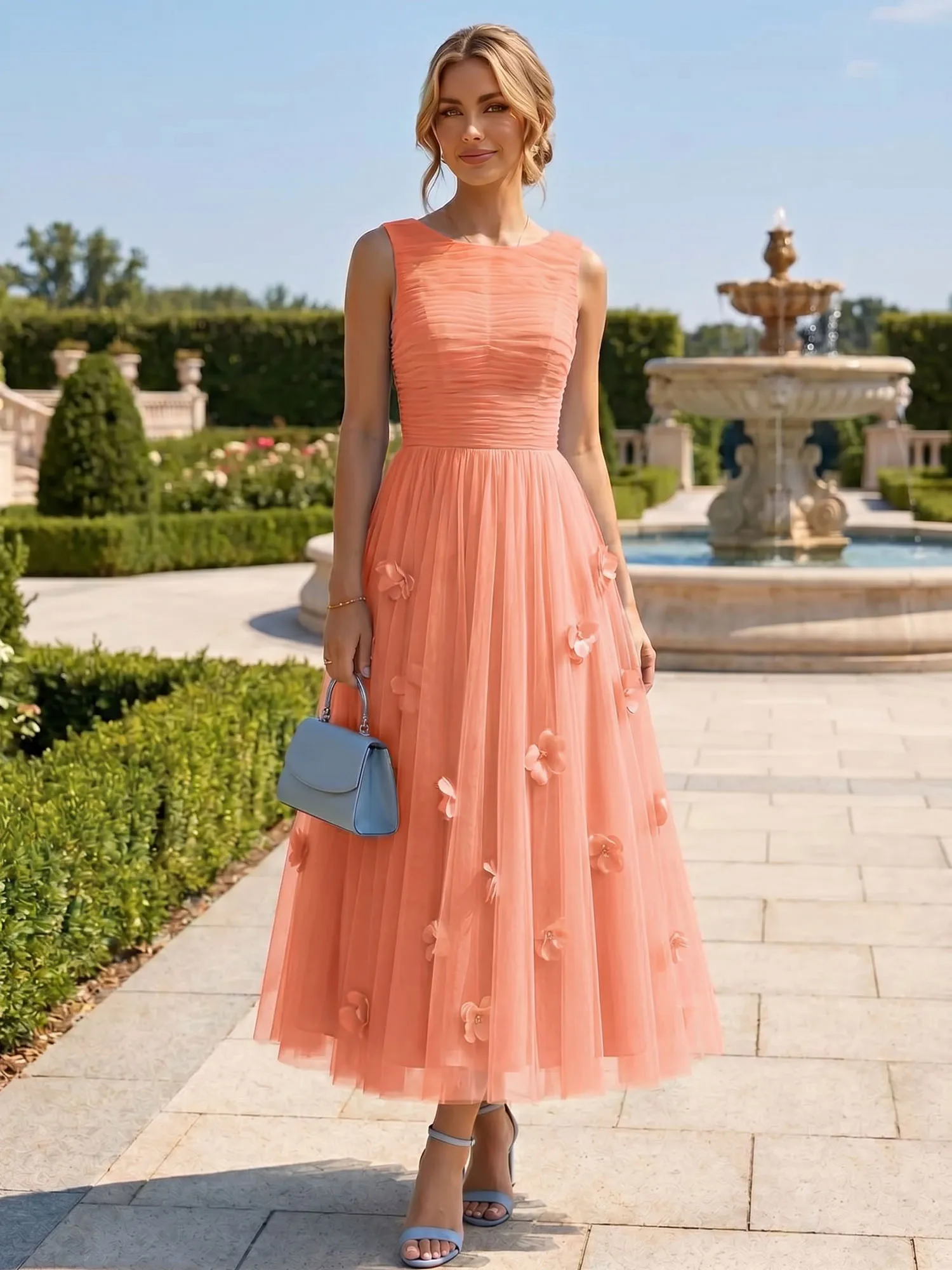 A Line Sleeveless Tulle Midi Dress with 3D Floral Appliqués