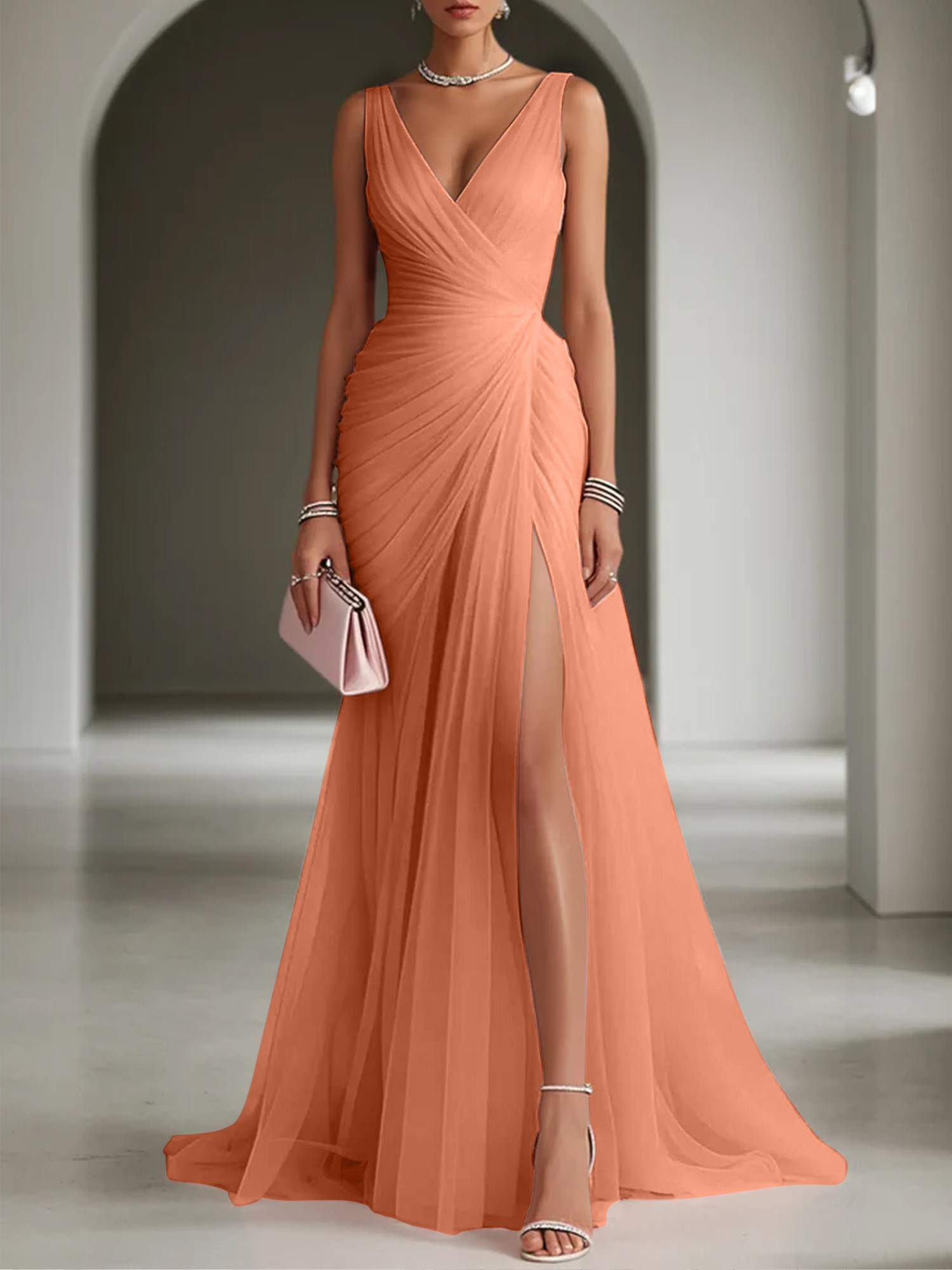 Pink Ruched Slit Tulle V Neck One Shoulder Sheath Gown Dress
