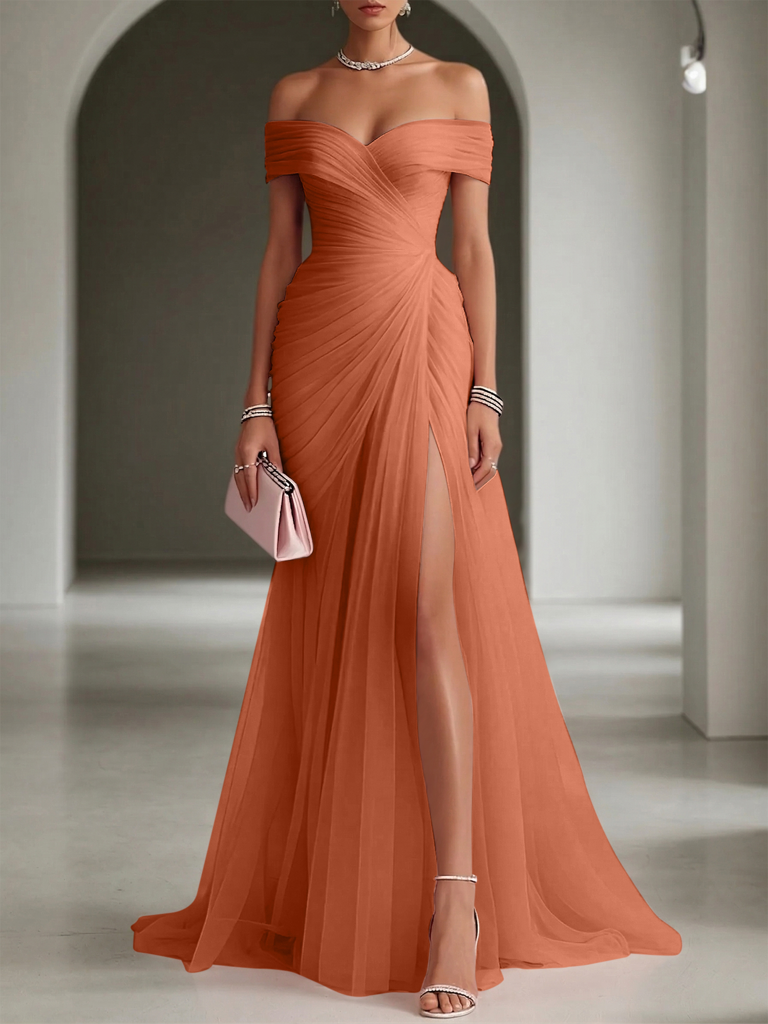 Blush Ruched Slit Tulle Off the Shoulder Sleeveless Sheath Gown Dress