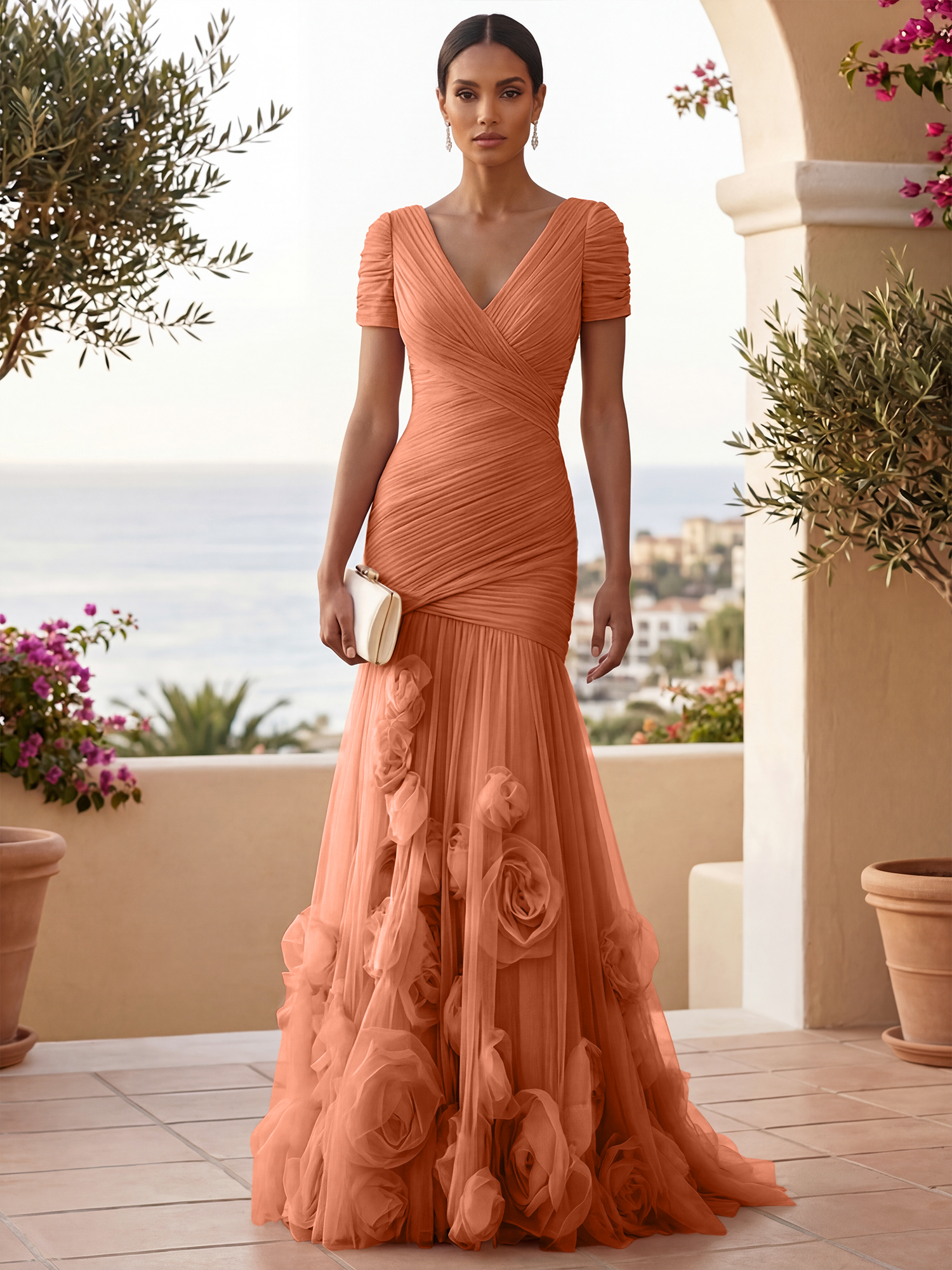 Sweetheart Tulle Short Sleeves Pleat Mermaid Evening Dresses with 3D Flower