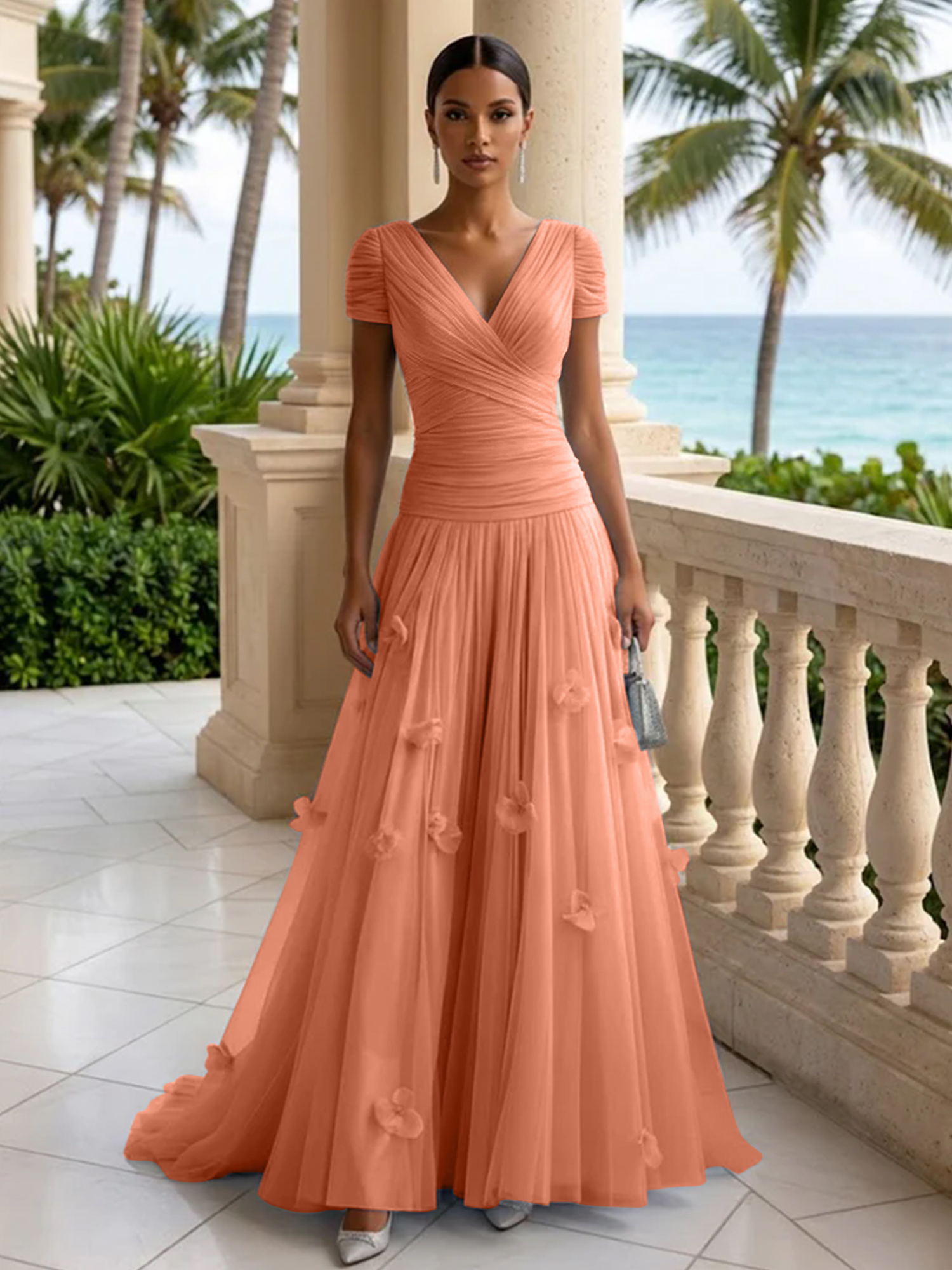 Elegant V-Neck Ruched Tulle A-Line Evening Gown with 3D Floral Appliqués