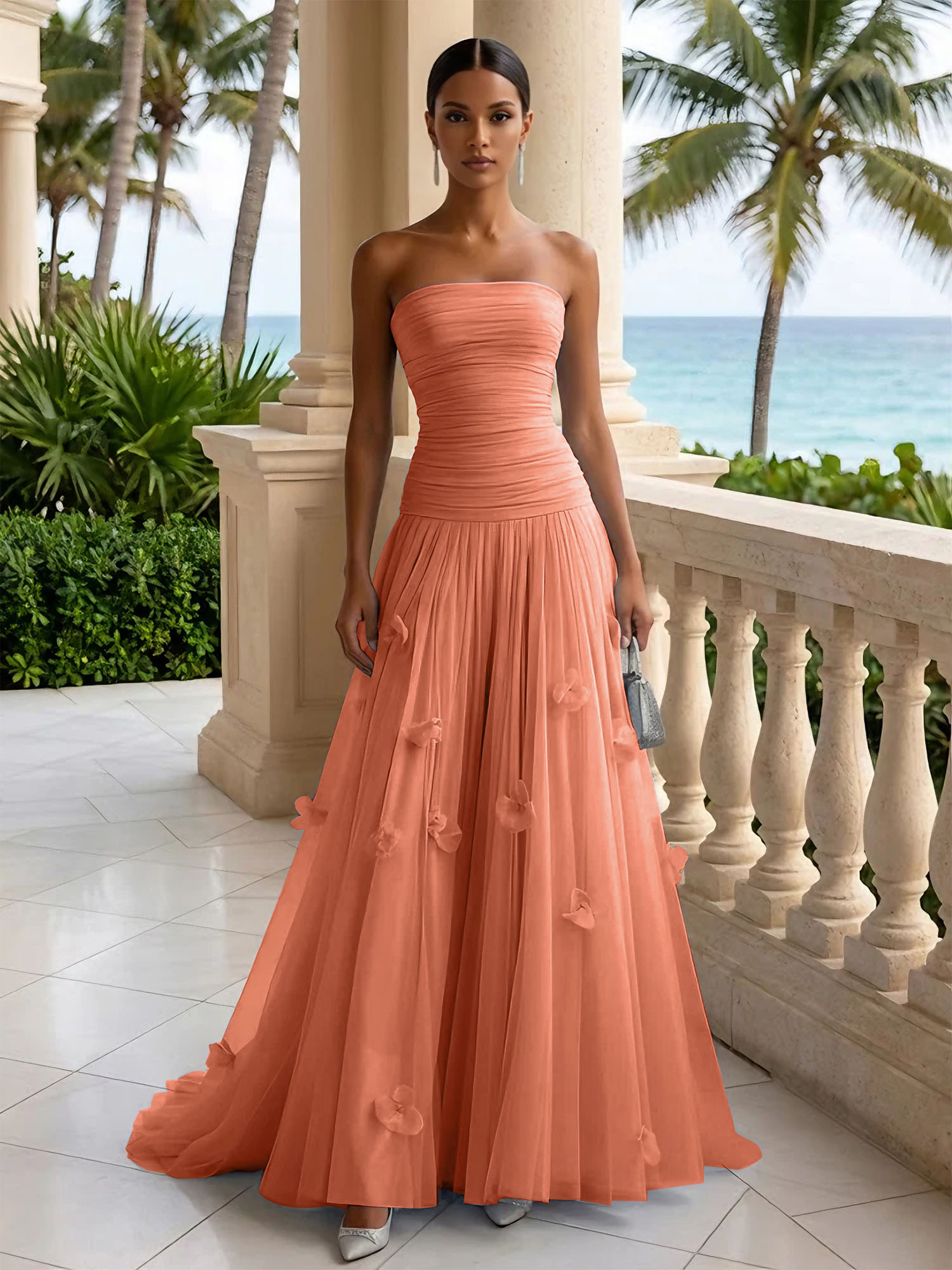 Light Blue Evening Dress with 3D Flower Strapless Pleat Maxi Dress
