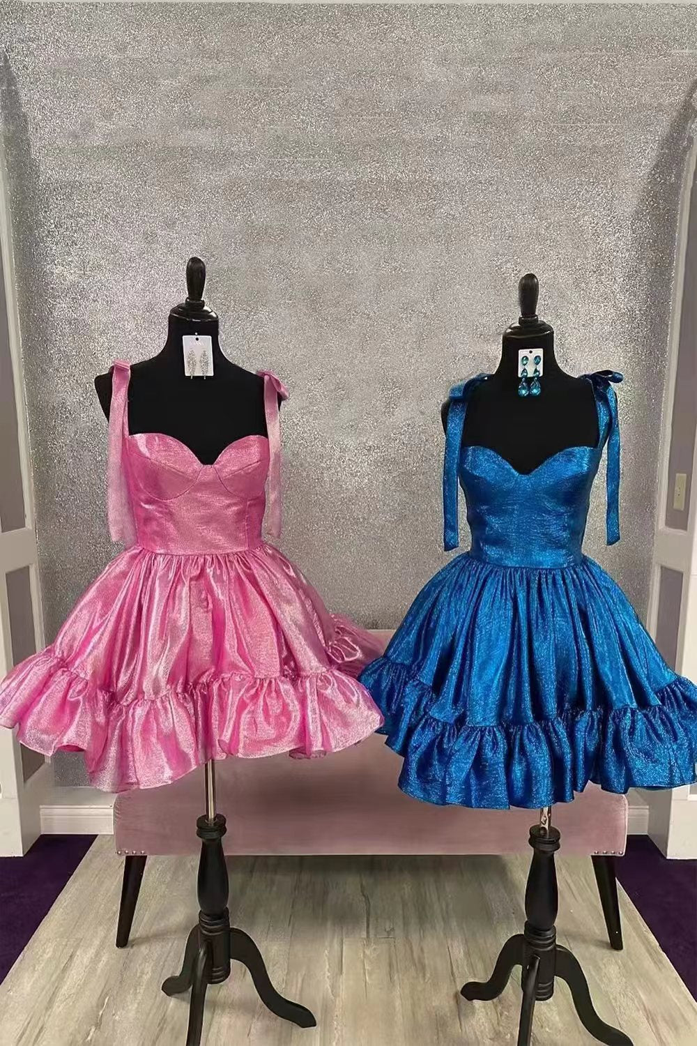 Pink A-Line Tie Straps Short Organza Homecoming Dress