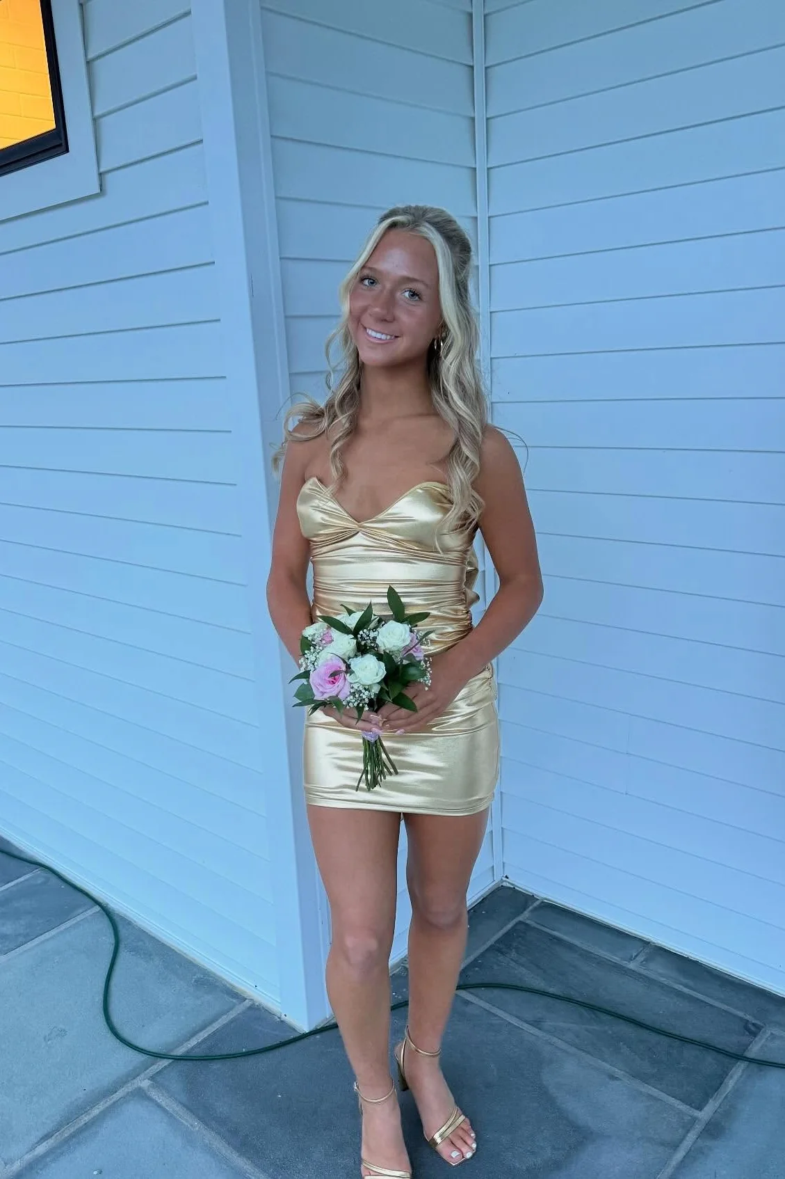 Metallic Gold Strapless Ruched Sweetheart Sheath Homecoming Dress
