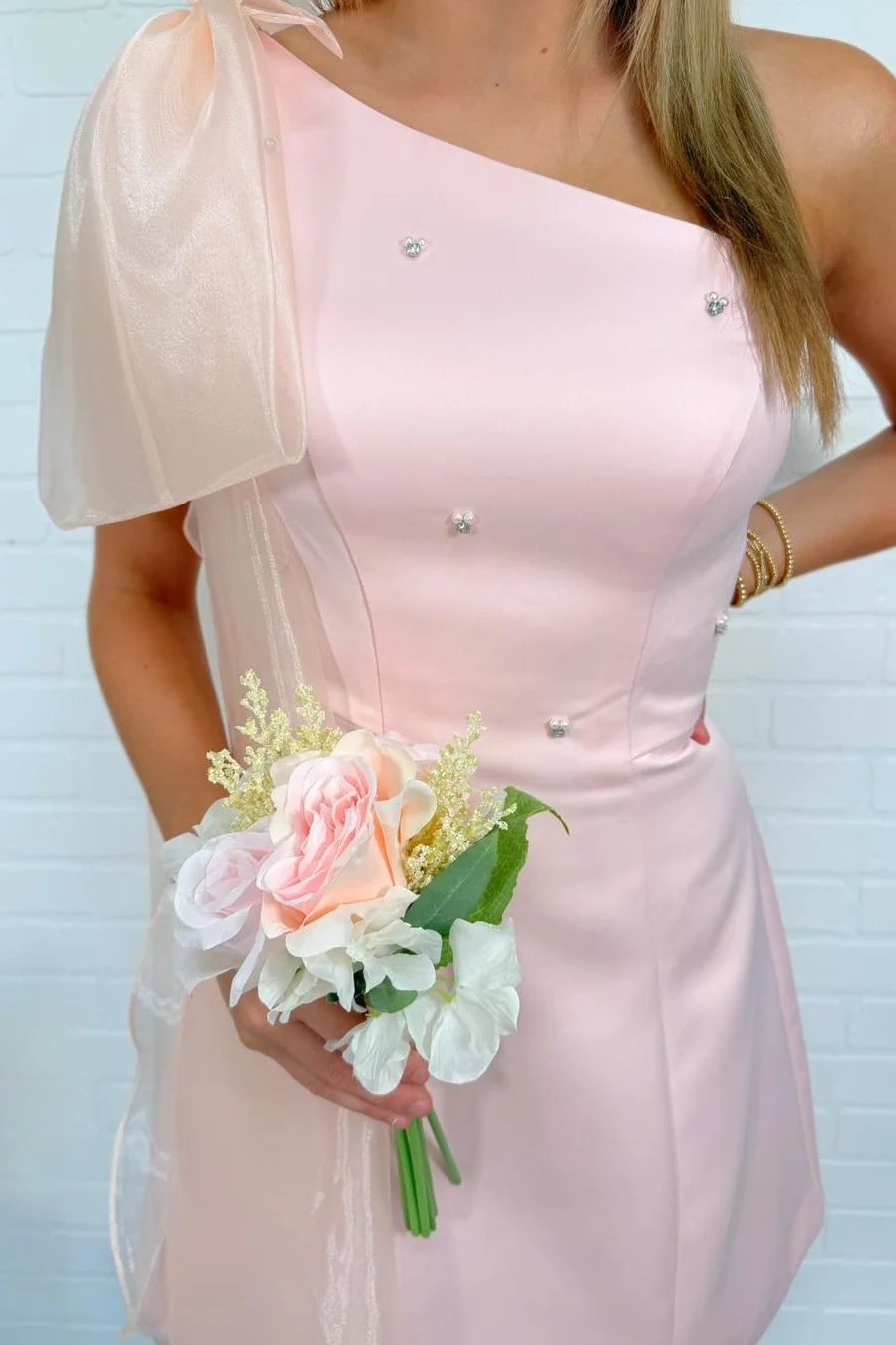 Pink One-Shoulder Satin Homecoming Dress with Sheer Draped Cape 
