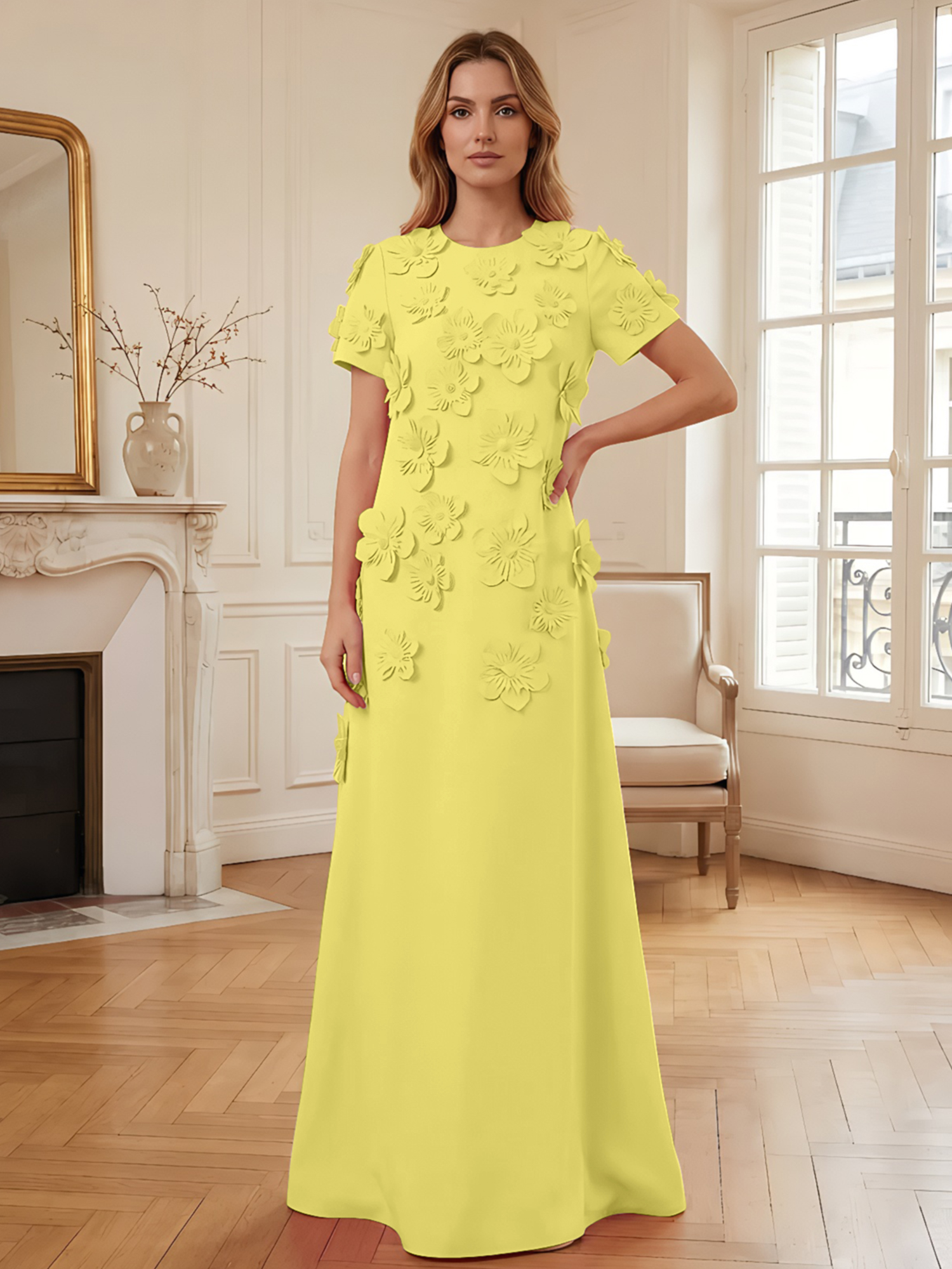 3D Floral Applique Short-Sleeve Column Evening Gown