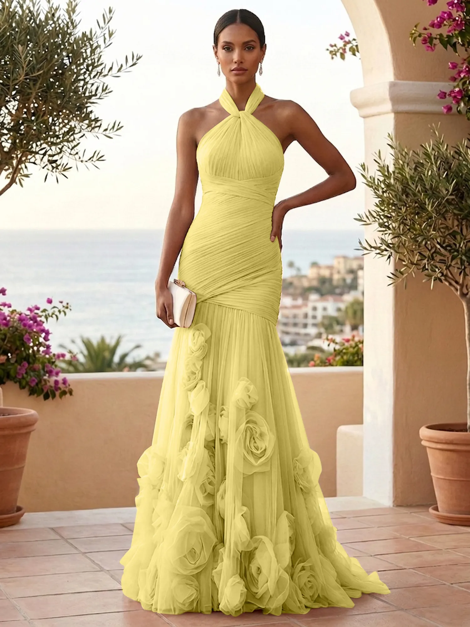 Halter Neck Ruched Tulle Mermaid Gown with 3D Floral Appliqués