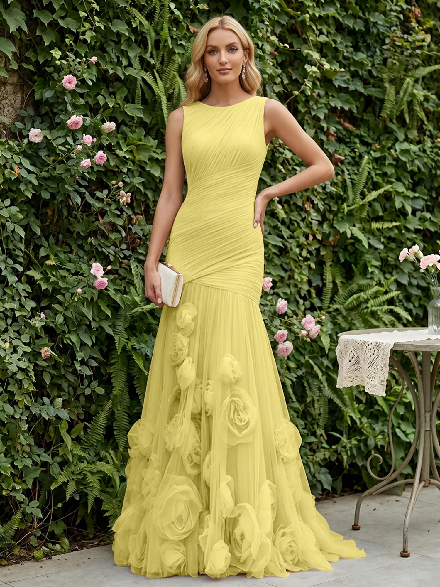 Round Neck Ruched Tulle Mermaid Gown with 3D Floral Appliqués