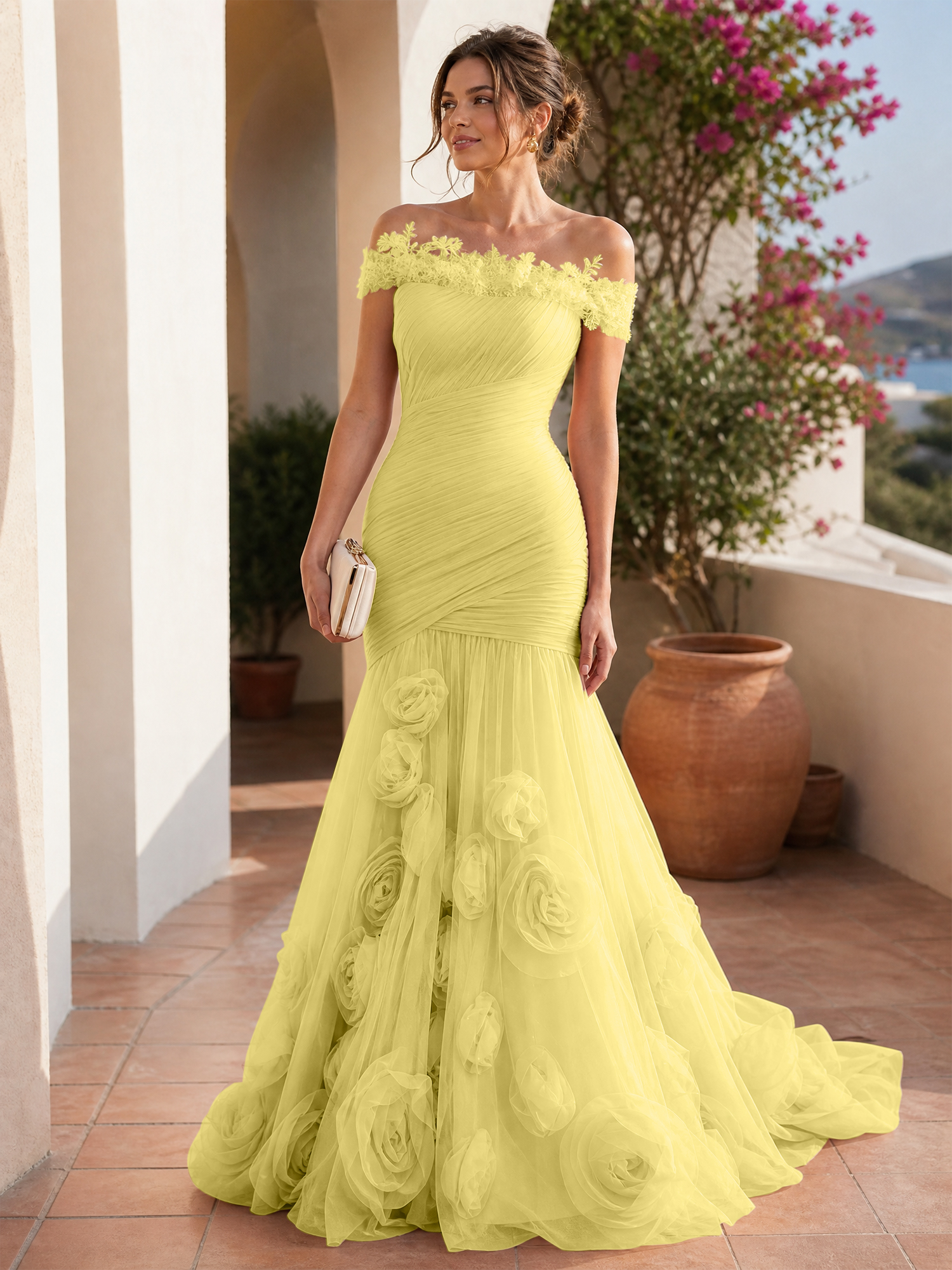 Romantic Blushing Rose Off-the-Shoulder Mermaid Formal Evening Dress 