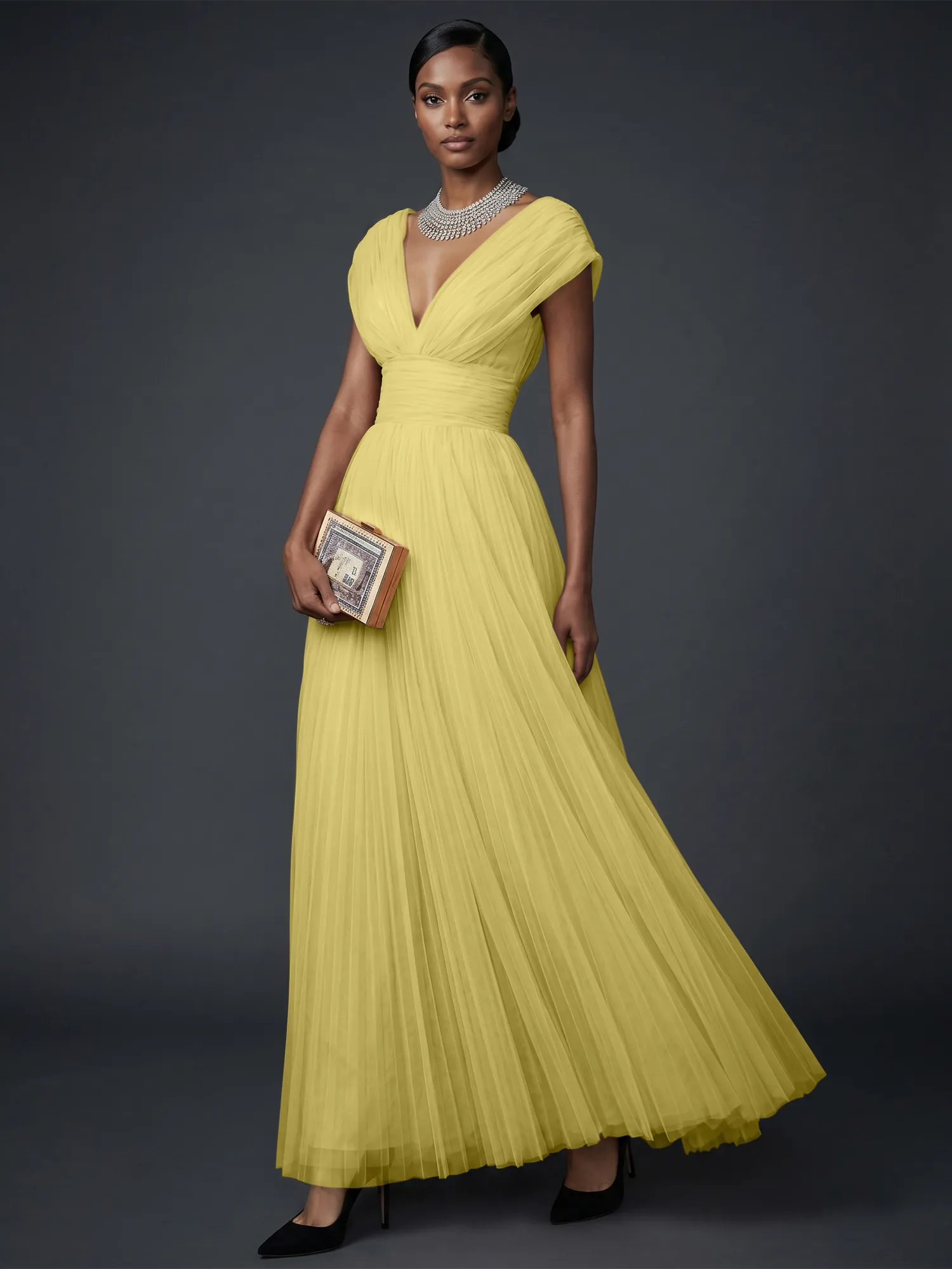 Draped V-Neck Pleated Tulle Evening Gown Maxi Dress