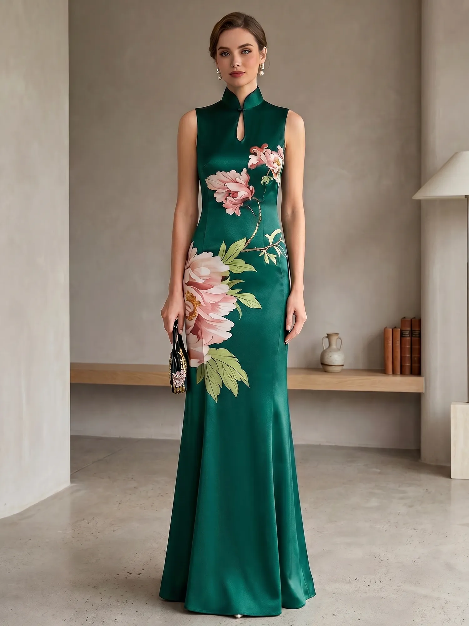 Satin Qipao-Inspired Floral Mermaid Evening Gown