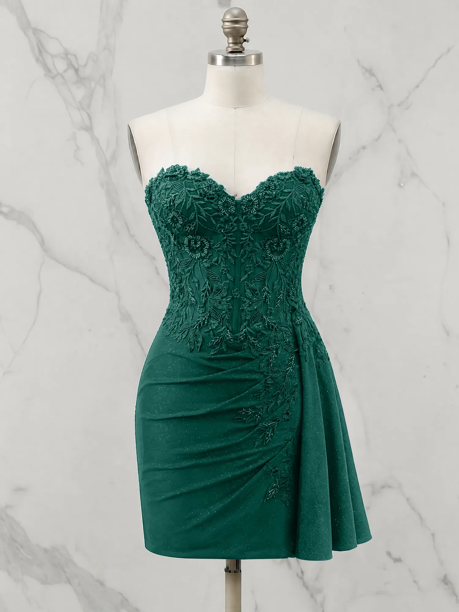 Strapless Lace Appliqué Glitter Homecoming Dress with Side Drape