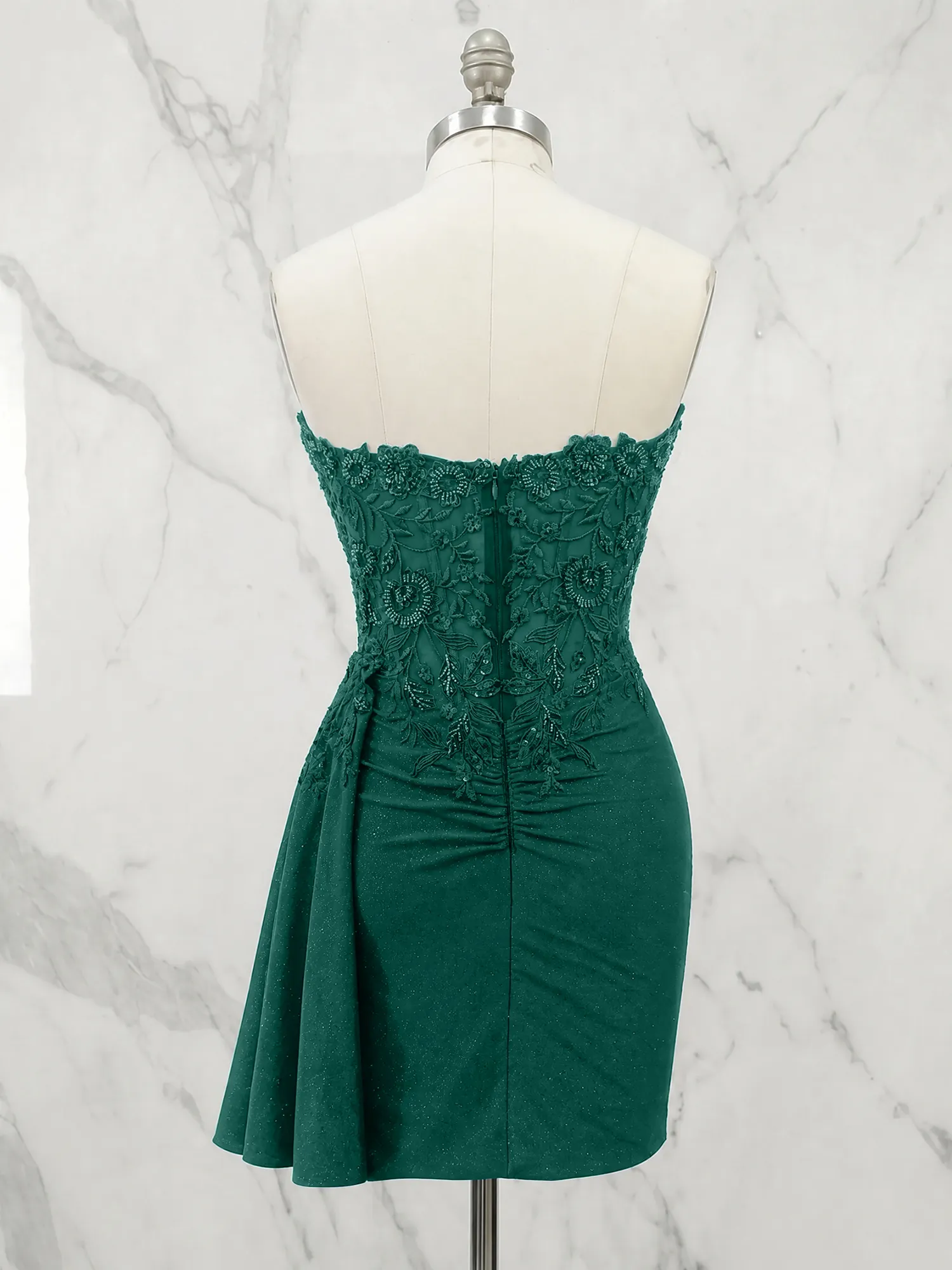 Strapless Lace Appliqué Glitter Homecoming Dress with Side Drape