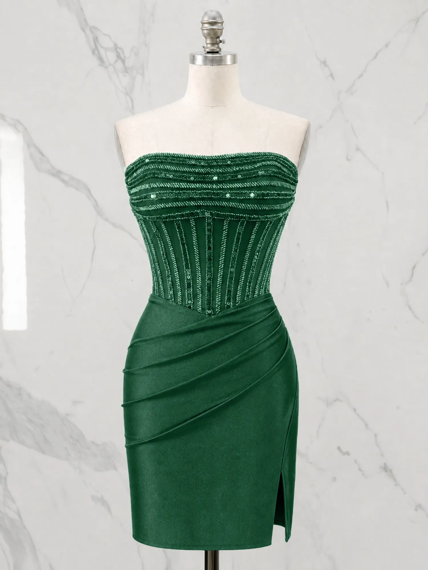 Strapless Beaded Corset Homecoming Dress with Ruched Skirt