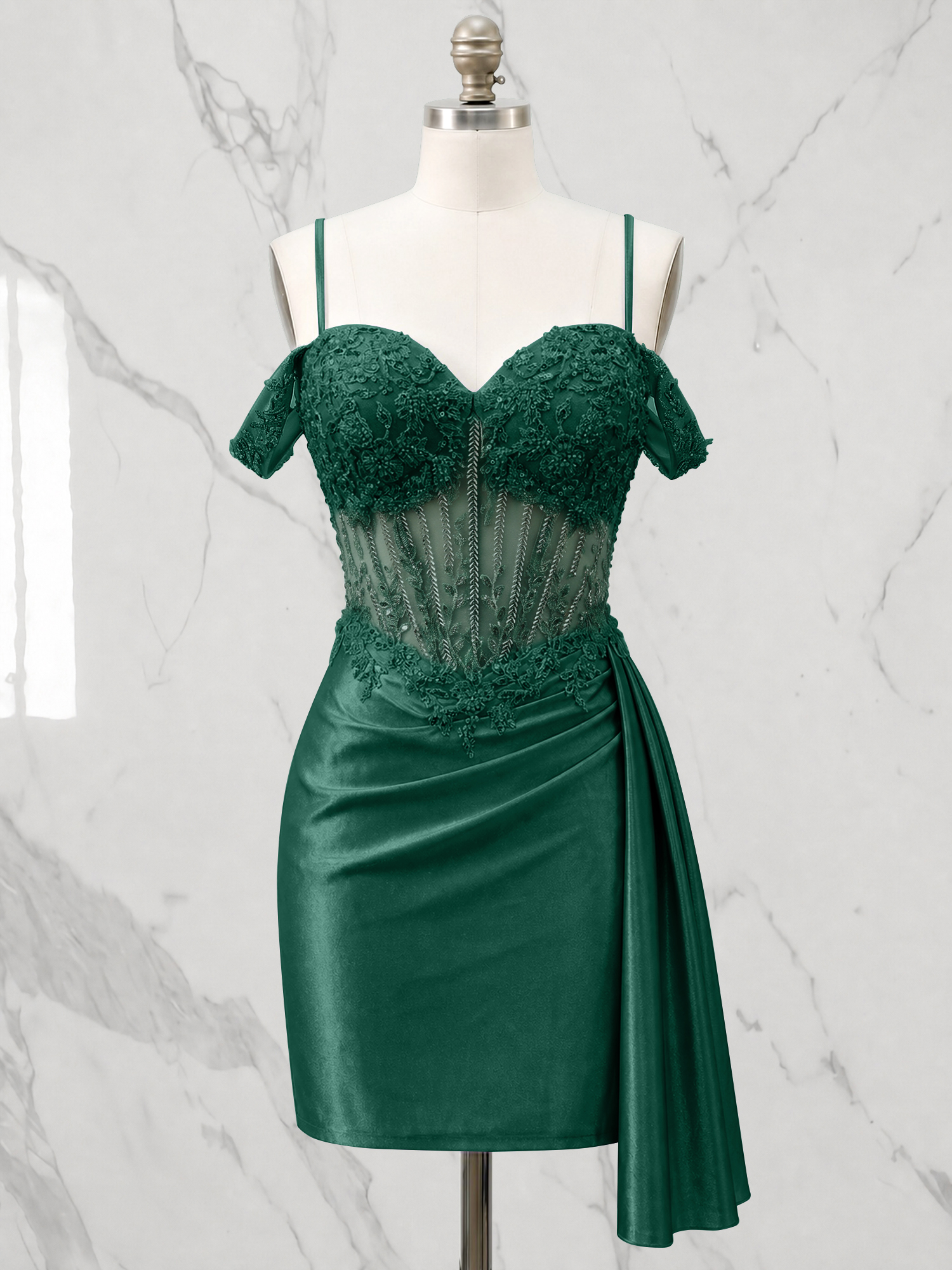 Off-the-Shoulder Lace Corset Homecoming Dress with Side Drape