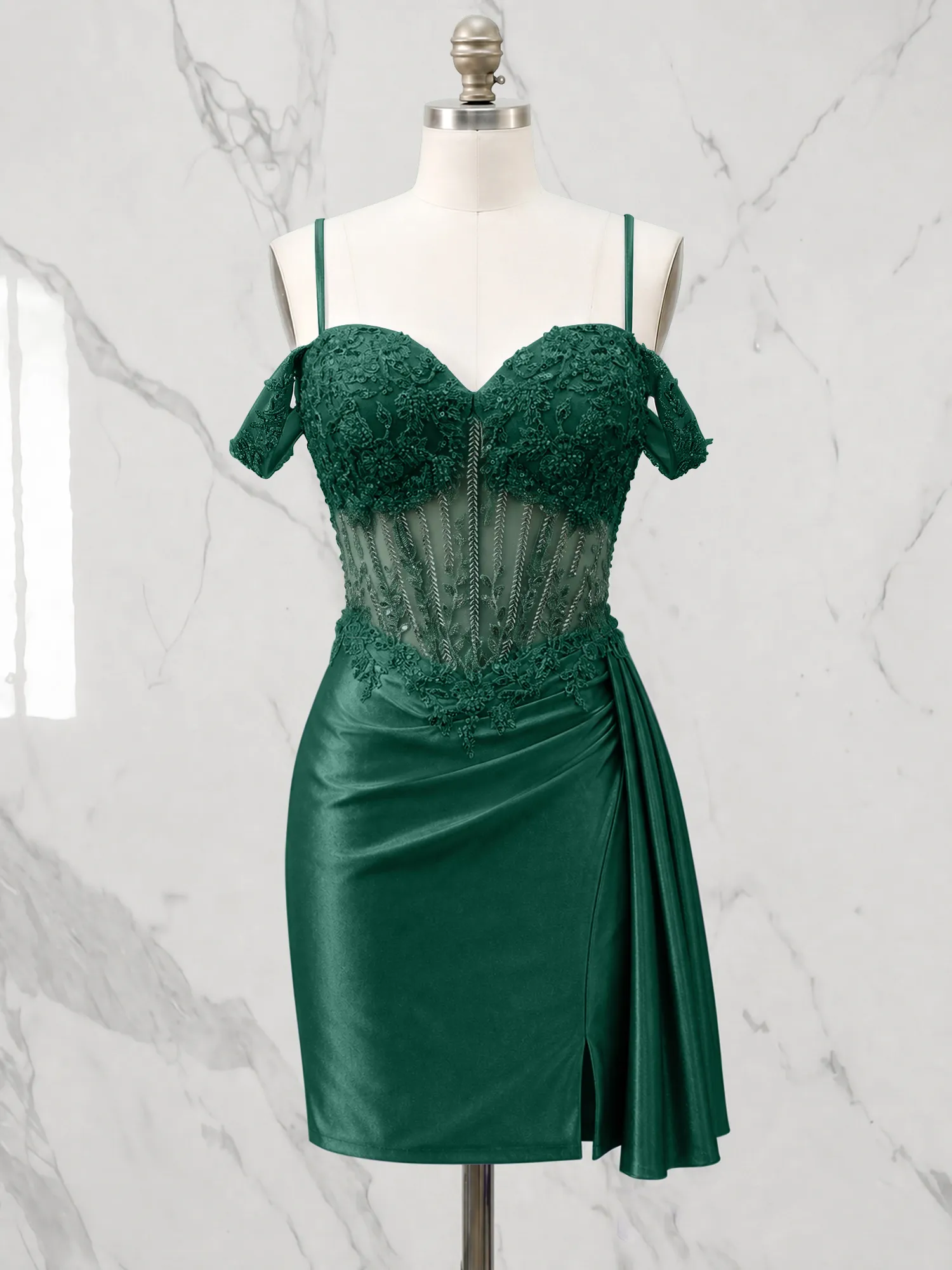 Off-the-Shoulder Lace Corset Homecoming Dress with Draped Skirt