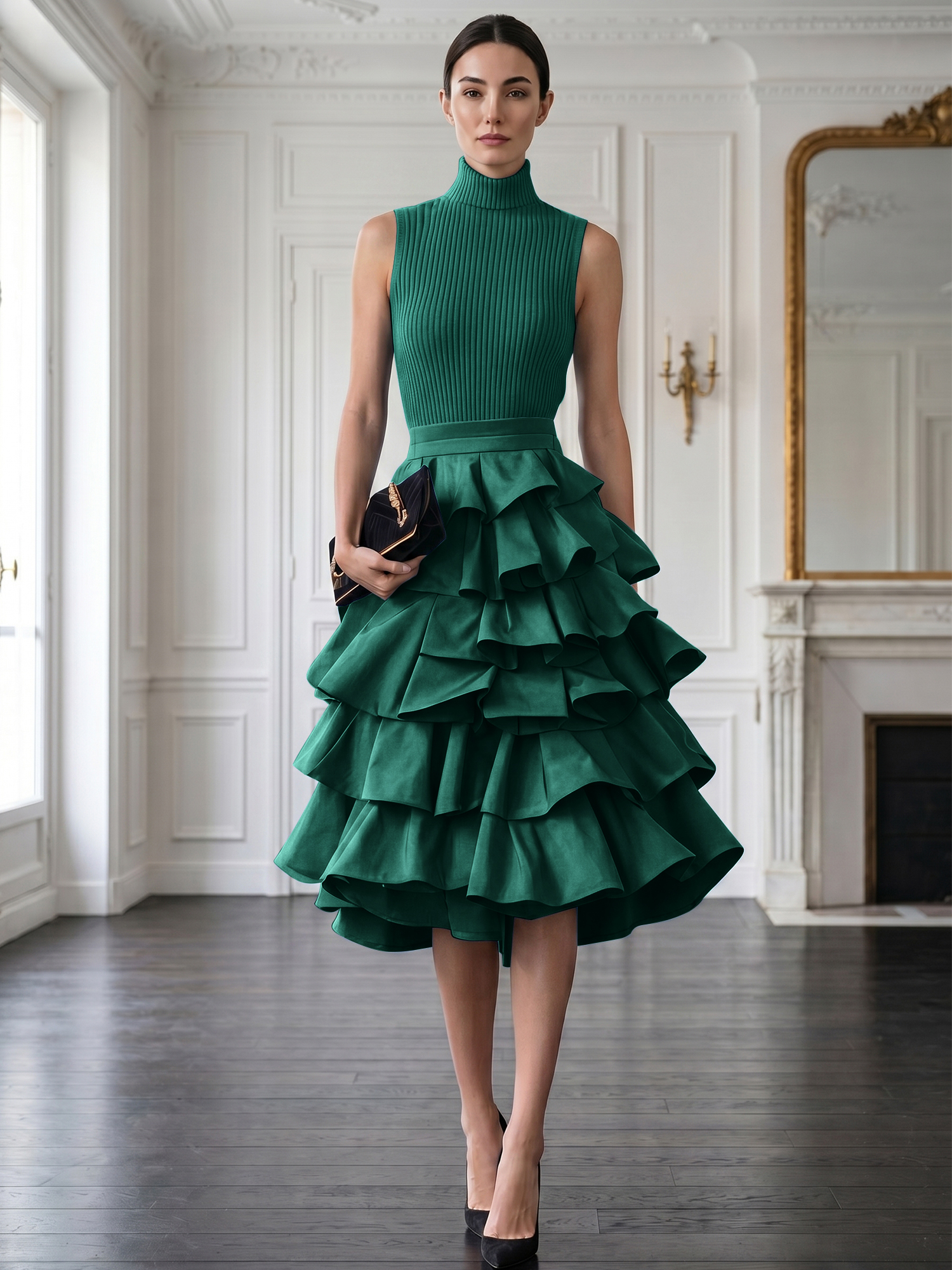 Avant-Garde Black High-Neck Tiered Ruffled Evening Gown