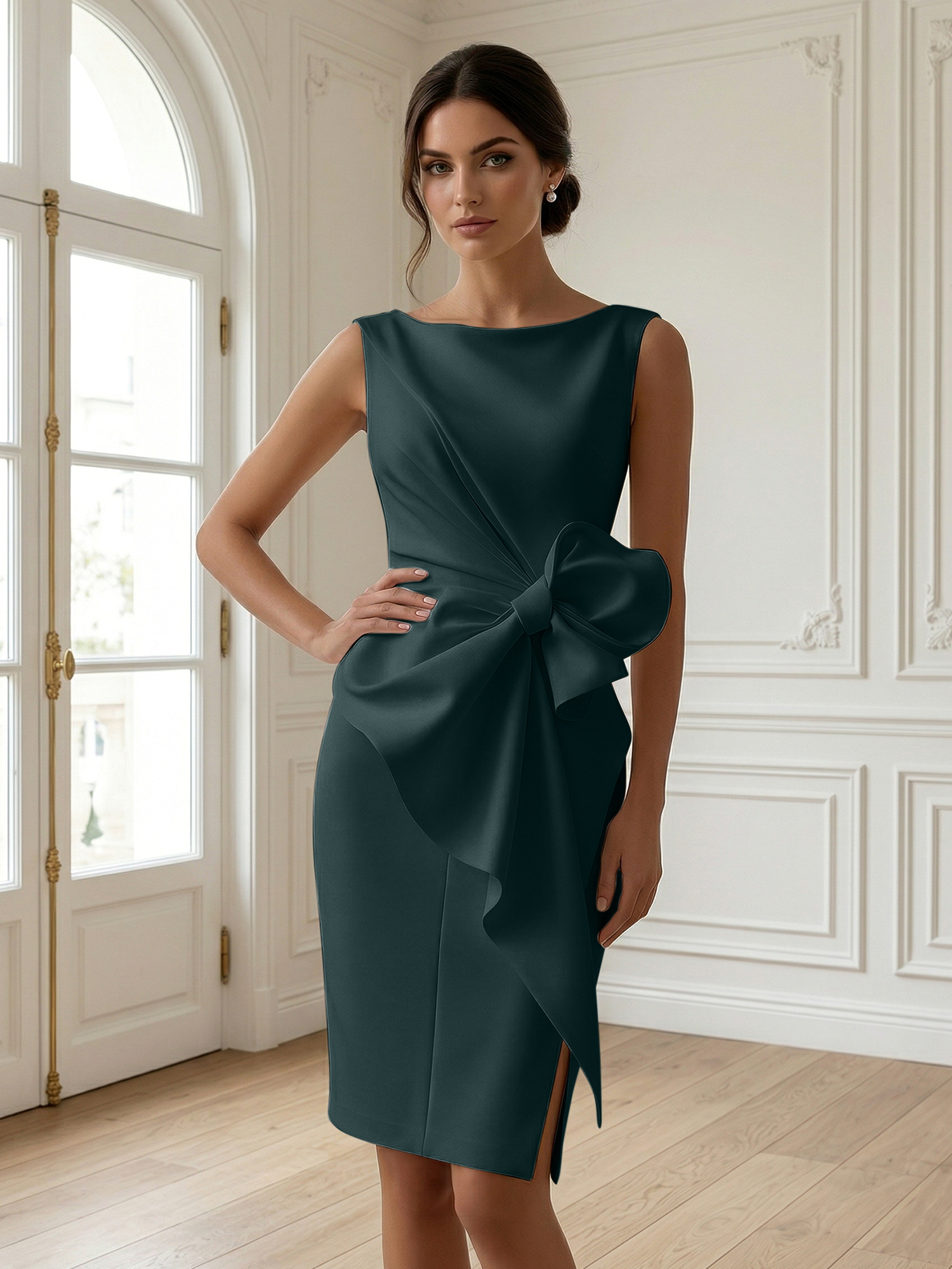 White 3D Bow Sleeveless Sheath Midi Dress Evening Gown