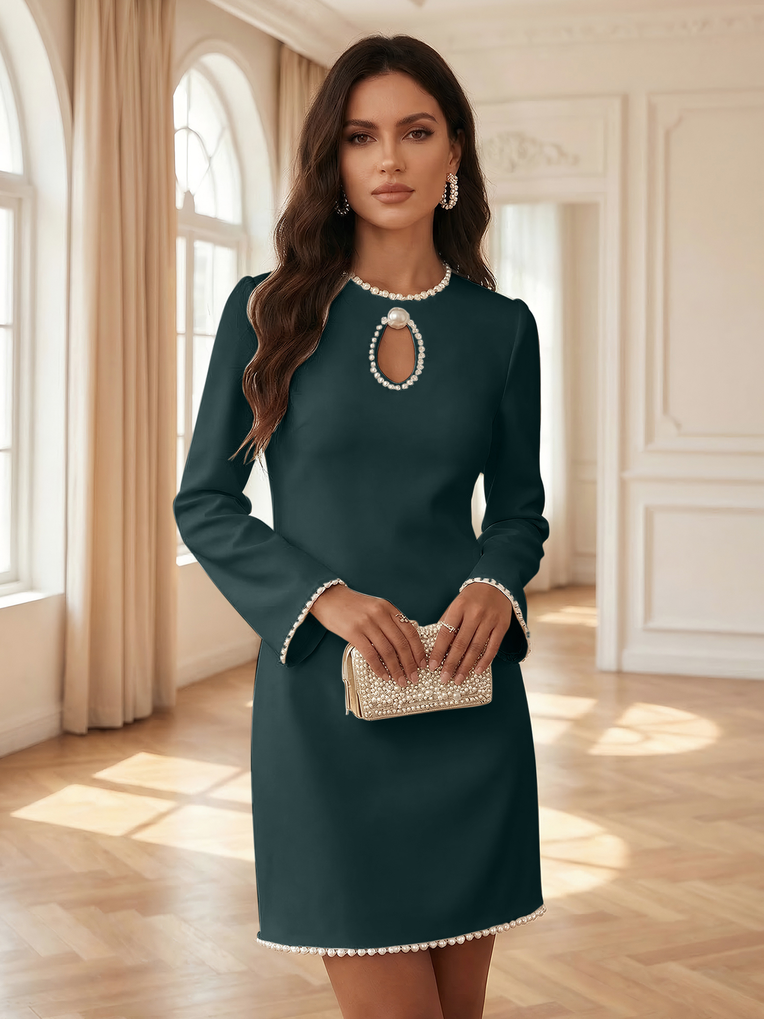 White Pearl Hollow Out Classic Crew Neck Long Sleeve Shift Mini Dress Gown