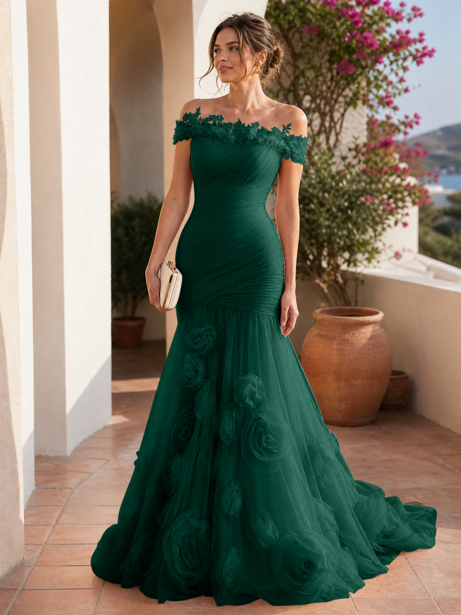 Romantic Blushing Rose Off-the-Shoulder Mermaid Formal Evening Dress 