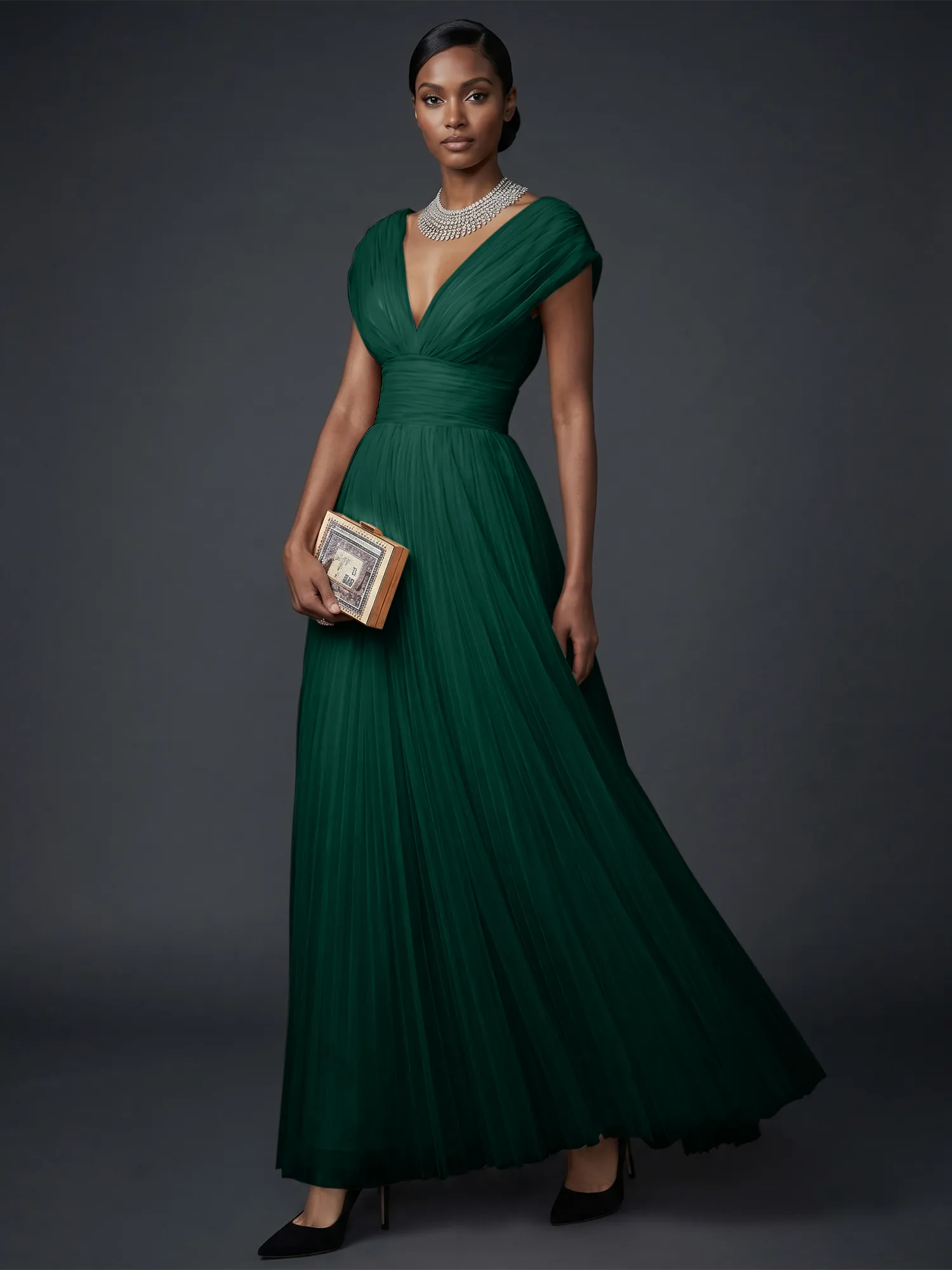 Draped V-Neck Pleated Tulle Evening Gown Maxi Dress