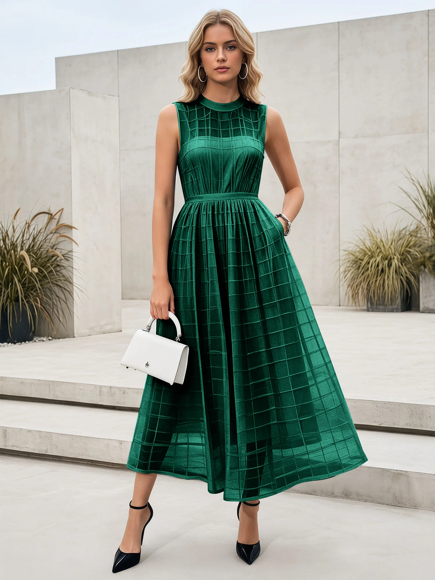 Sleeveless Grid Mesh A-Line Midi Evening Dress