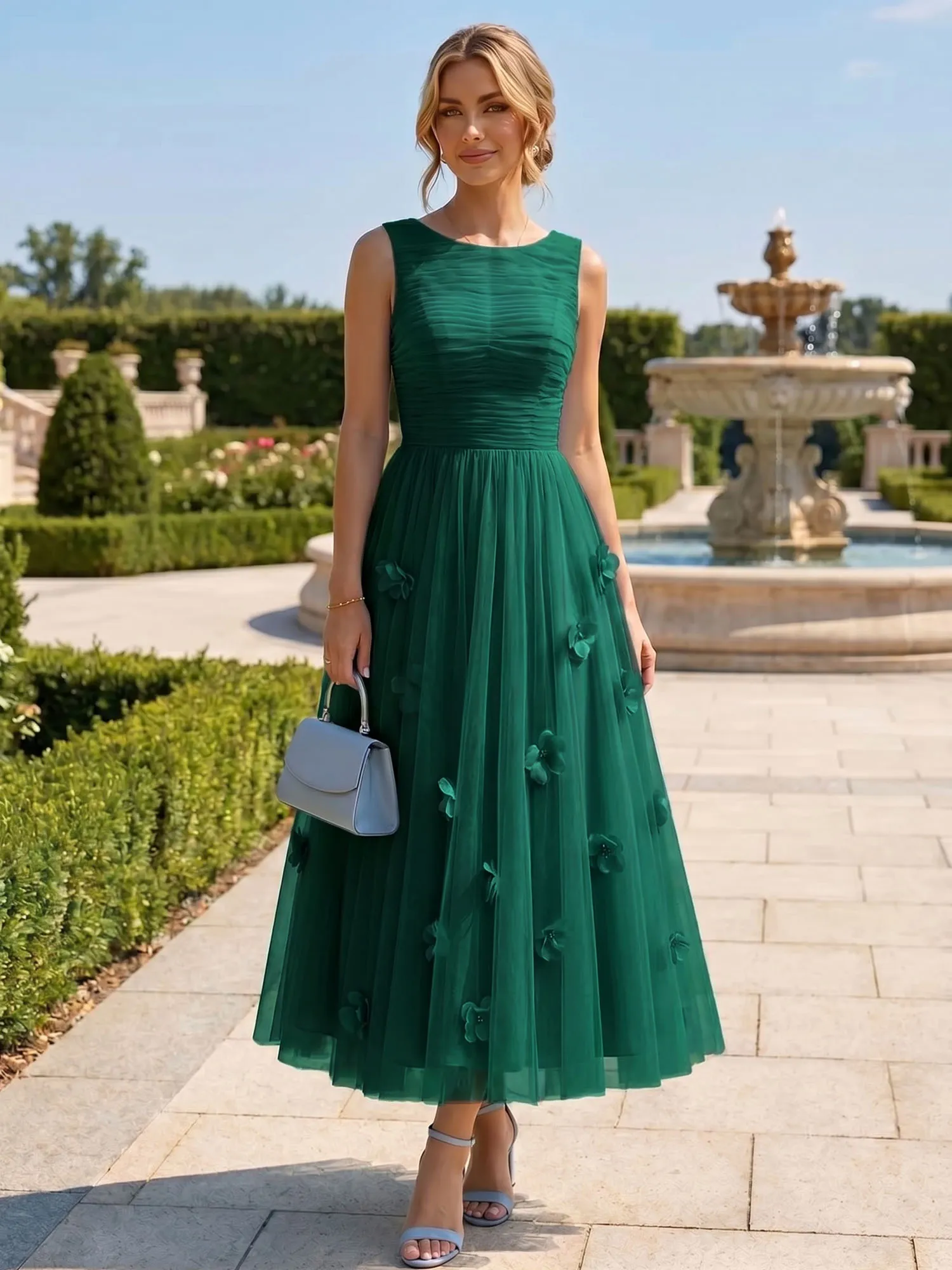 A Line Sleeveless Tulle Midi Dress with 3D Floral Appliqués