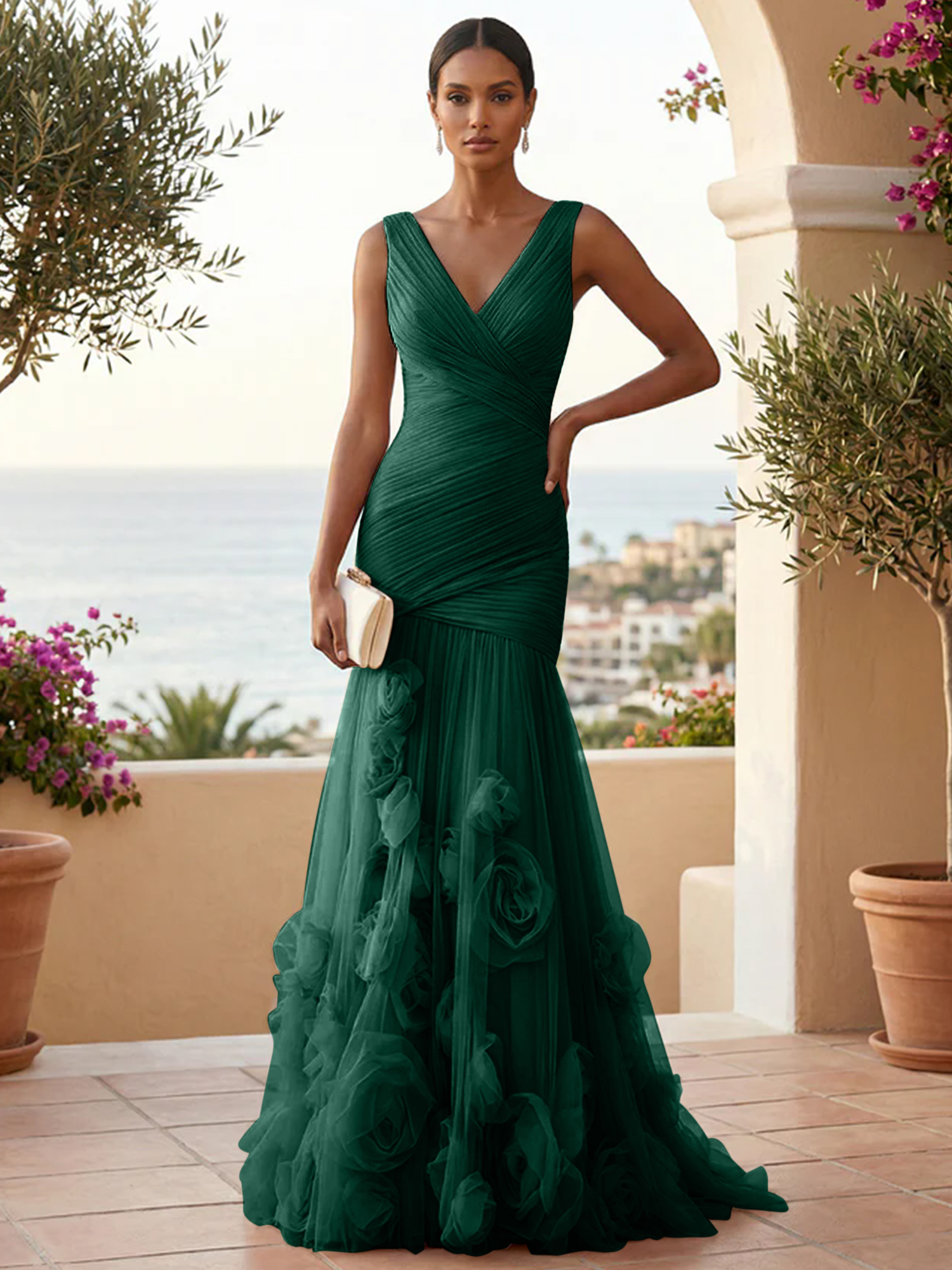 Sweetheart Tulle V Neck Pleat Mermaid Evening Dresses with 3D Flower