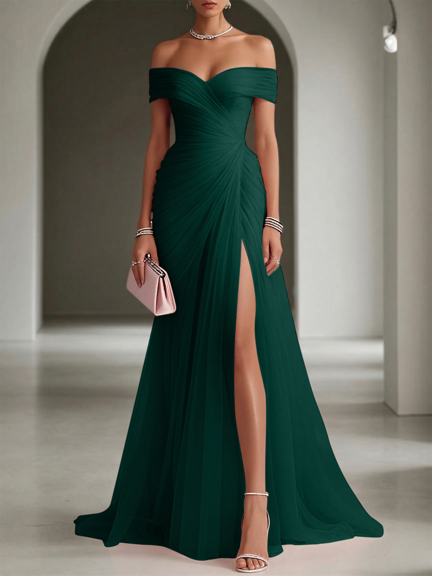 Blush Ruched Slit Tulle Off the Shoulder Sleeveless Sheath Gown Dress