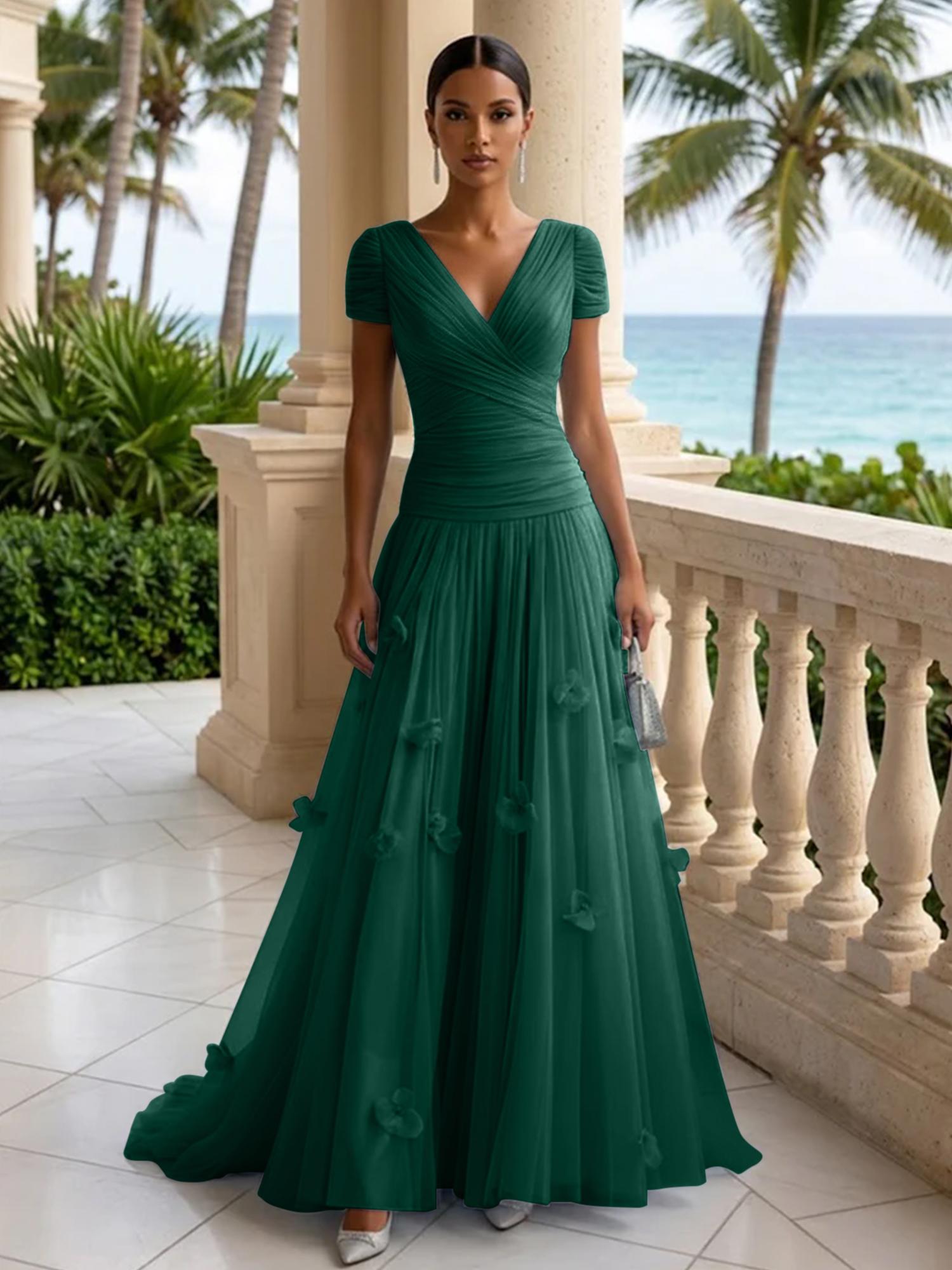 Elegant V-Neck Ruched Tulle A-Line Evening Gown with 3D Floral Appliqués