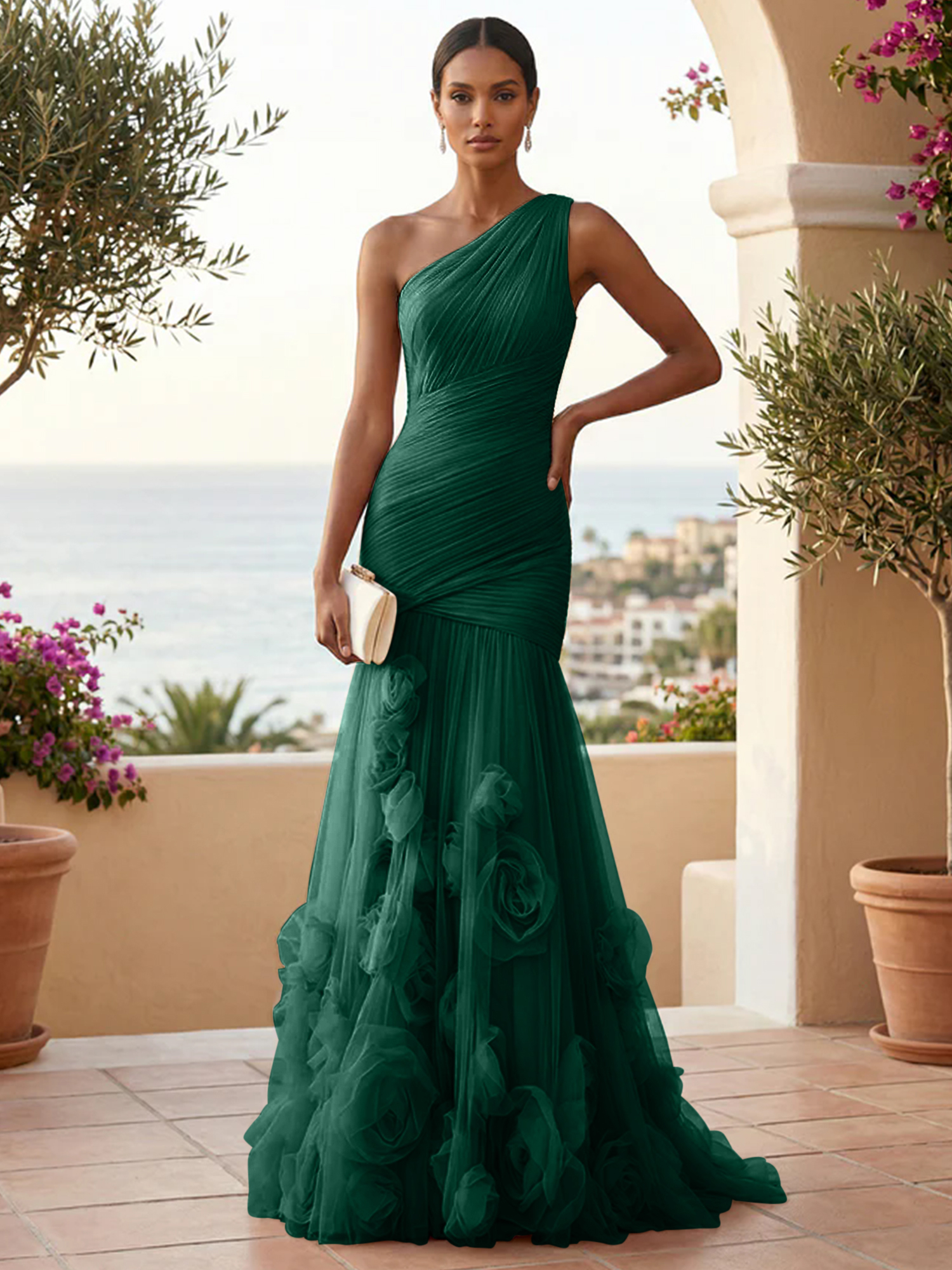 Sweetheart Tulle Pleat One Shoulder Mermaid Evening Dresses Gown with 3D Flower