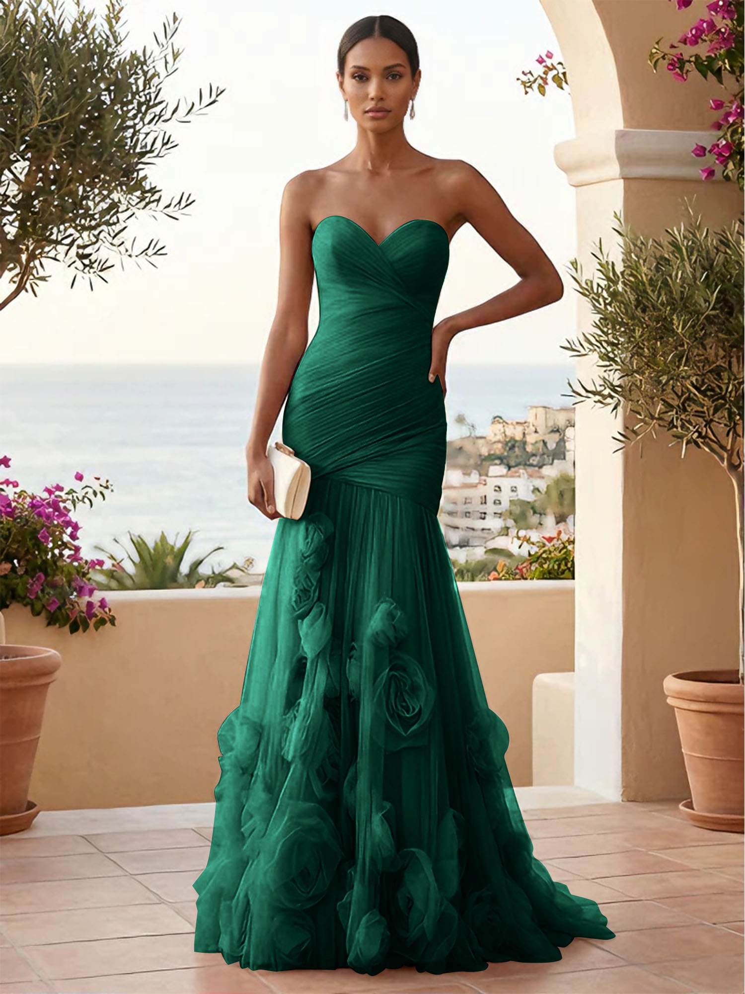 Sweetheart Tulle Pleat Mermaid Evening Dresses with 3D Flower