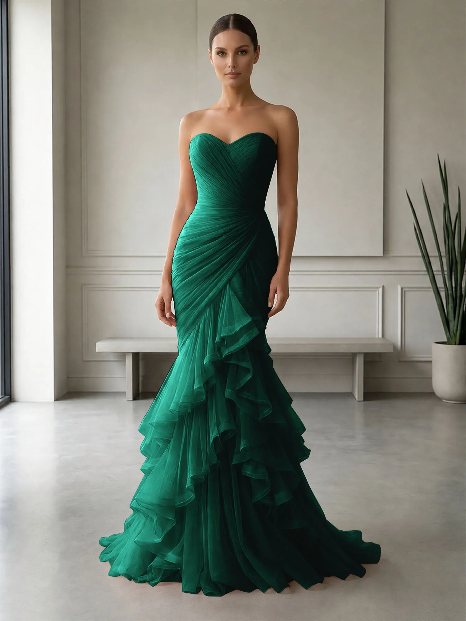 Strapless Ruched Tulle Mermaid Evening Gown Maxi Dress