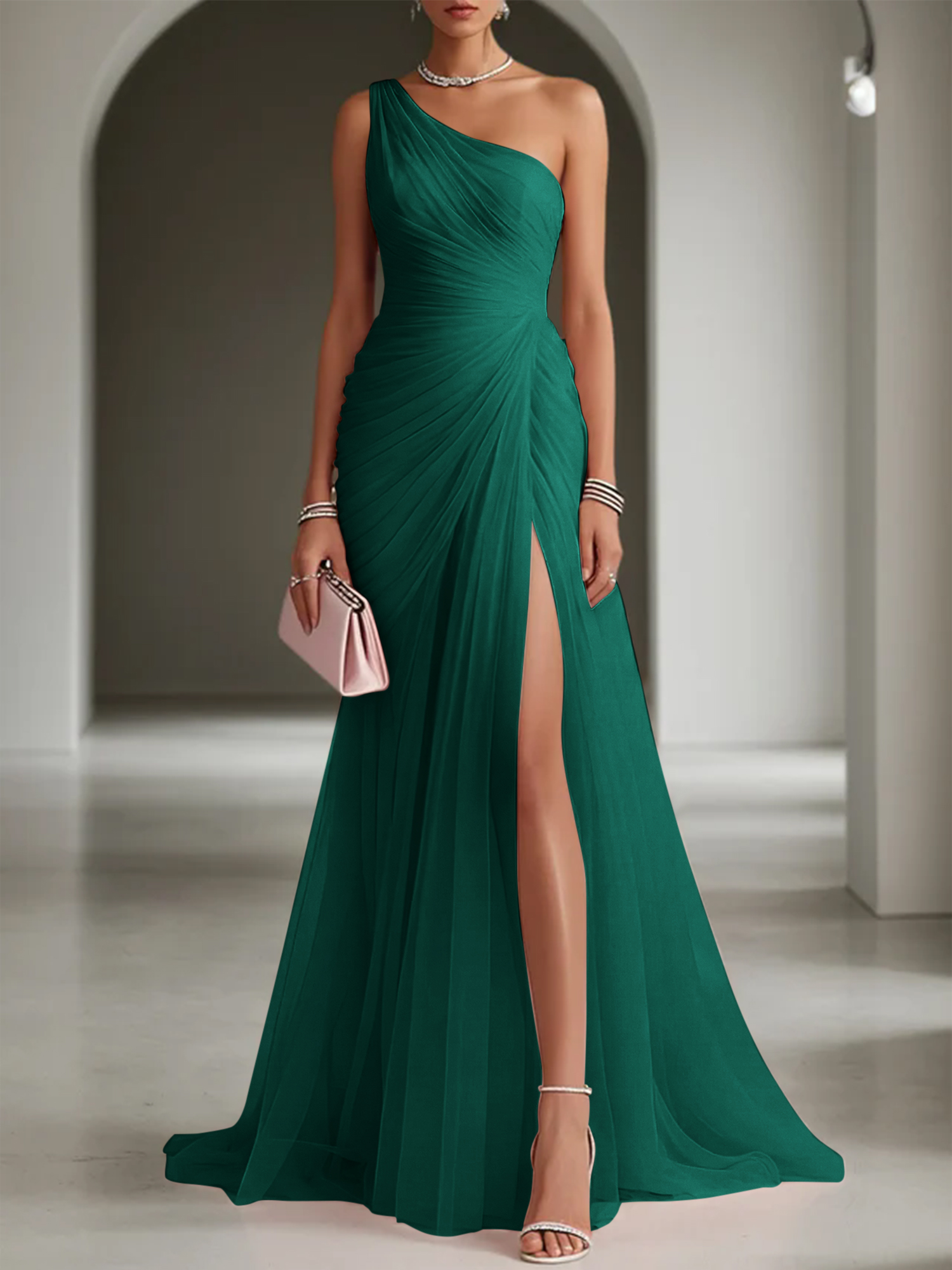 Pink Ruched Slit Tulle Strapless One Shoulder Sheath Gown Dress