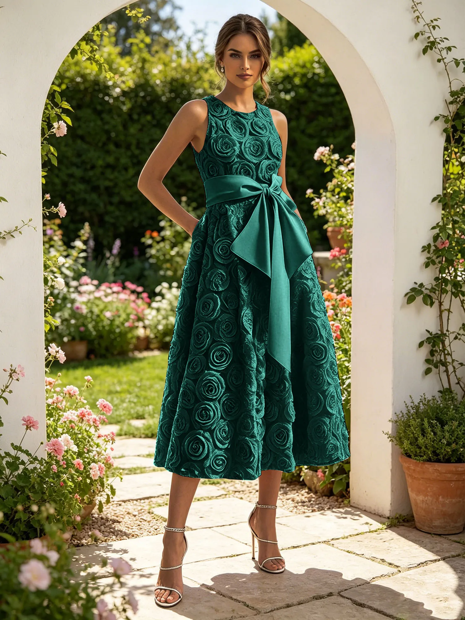 Sleeveless 3D Rose Midi Evening Dress with Satin Bow Sash