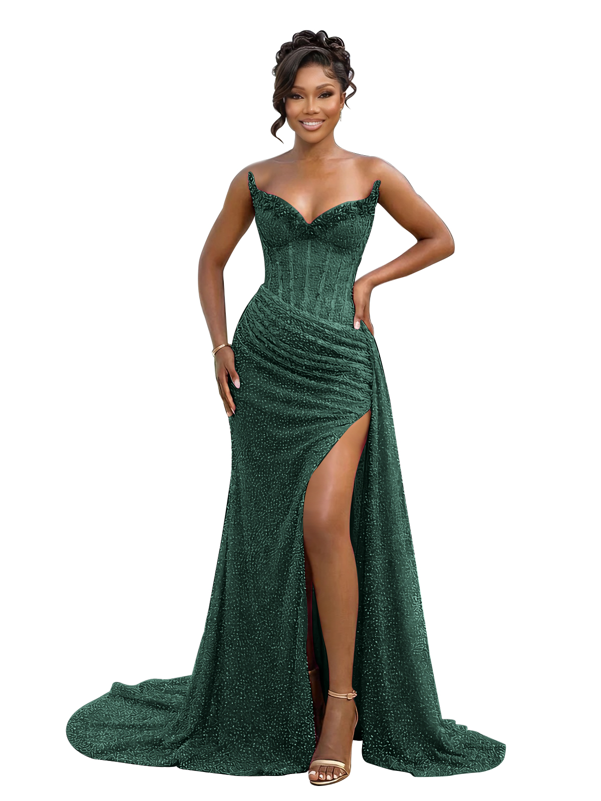 Gold Strapless Pearl-Embellished Corset Prom Dress with Slit