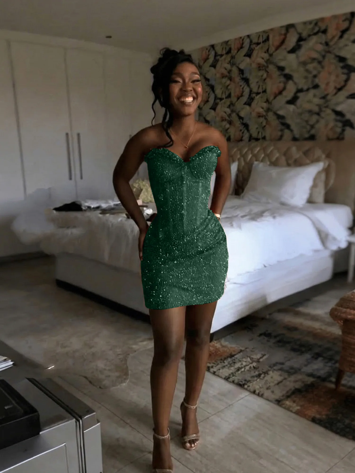 Glitter Strapless Mermaid Sequined Short Homecoming Mini Dress