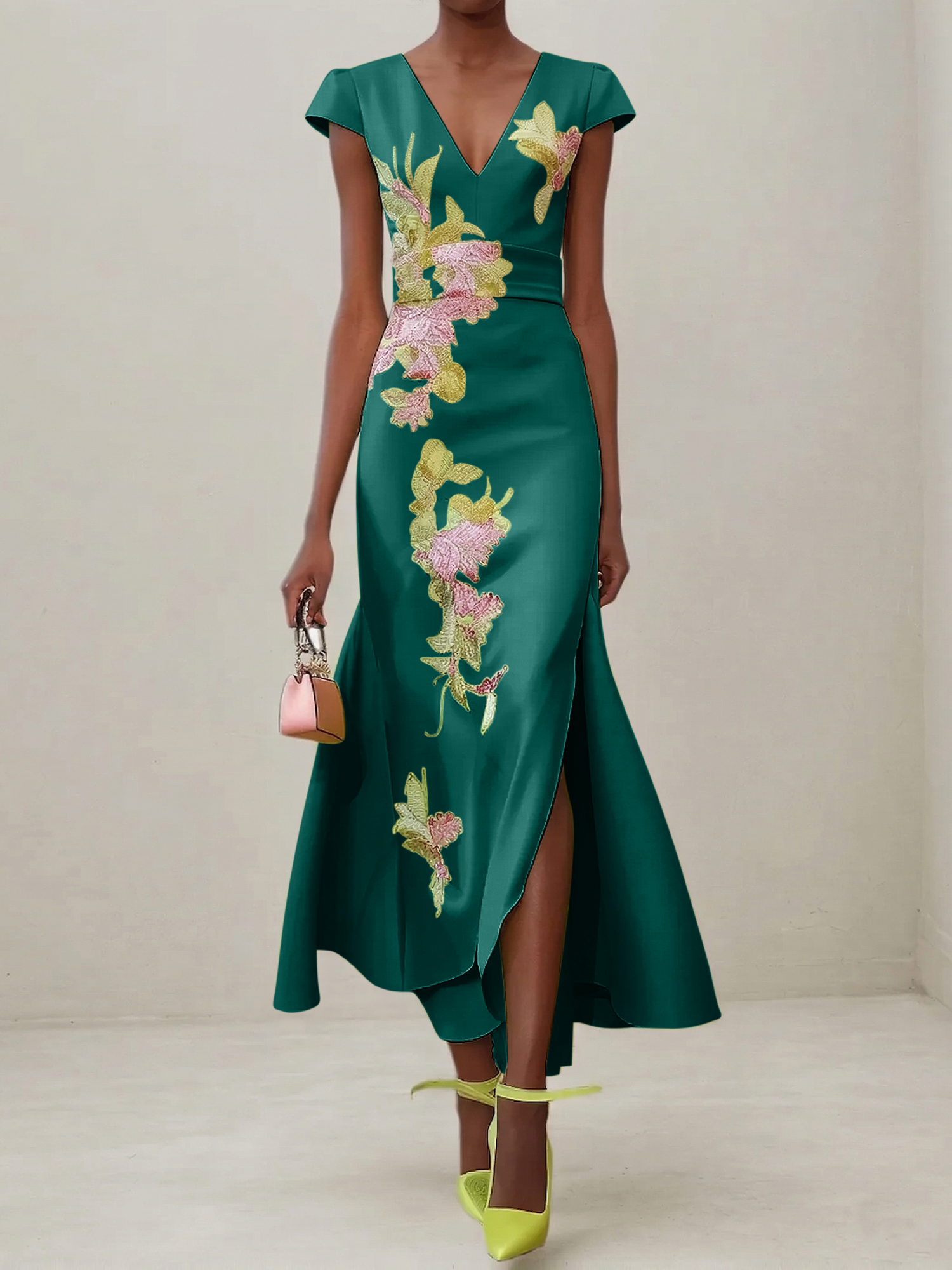 Elegant V-Neck Cap Sleeve Satin Midi Gown with Floral Embroidery & High Slit