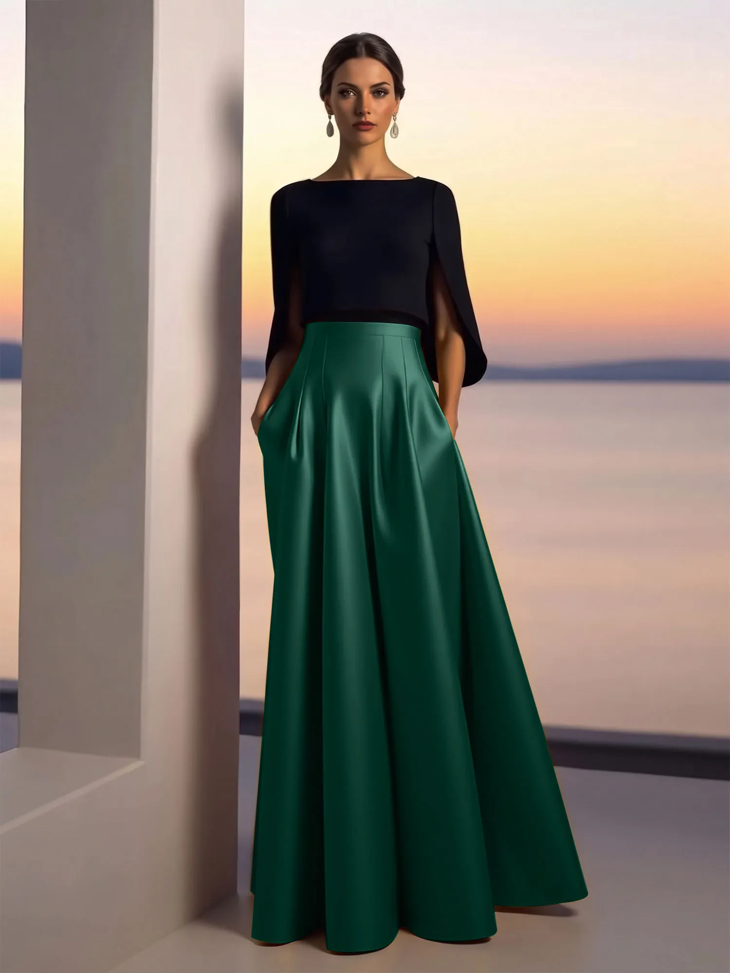 Two-Piece Cape Sleeve Satin Ball Gown Evening Dress