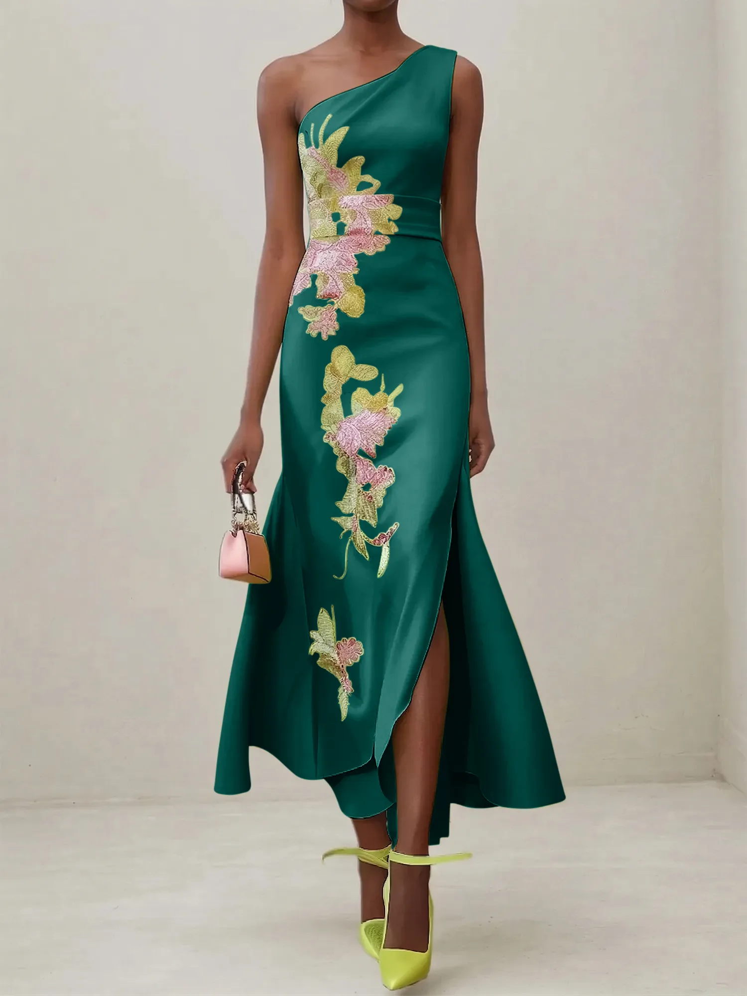 Elegant One Shoulder Cap Sleeve Satin Midi Gown with Floral Embroidery & High Slit