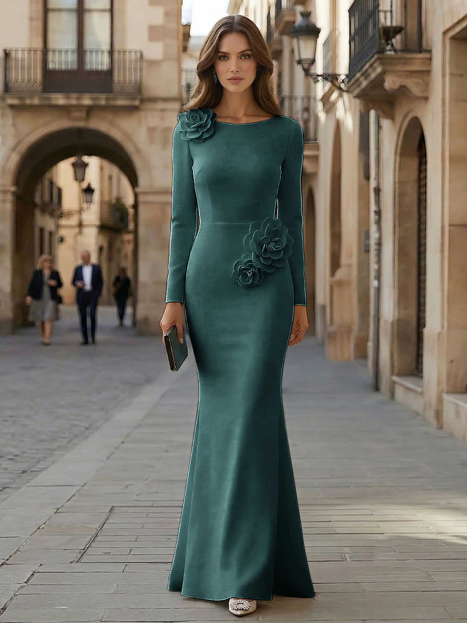 Elegant Pure White Formal Evening Dress Long-Sleeve 3D Floral Crepe Maxi Dress Gown