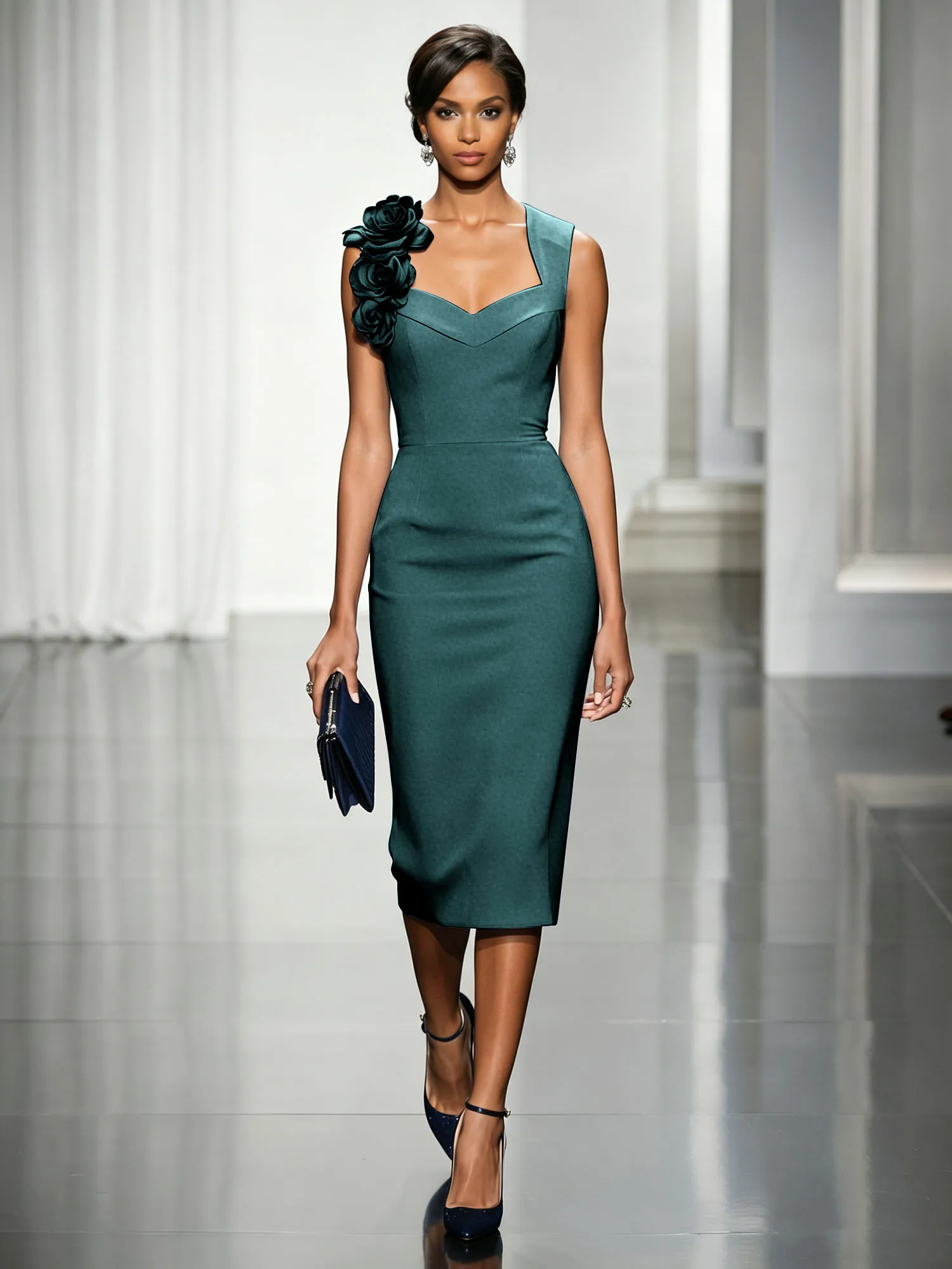 Asymmetric Neckline Crepe Midi Dress with 3D Floral Appliqué