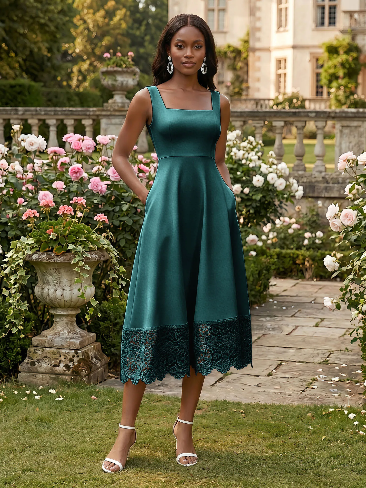 Square Neck Crepe Midi Evening Dress with Lace Hem