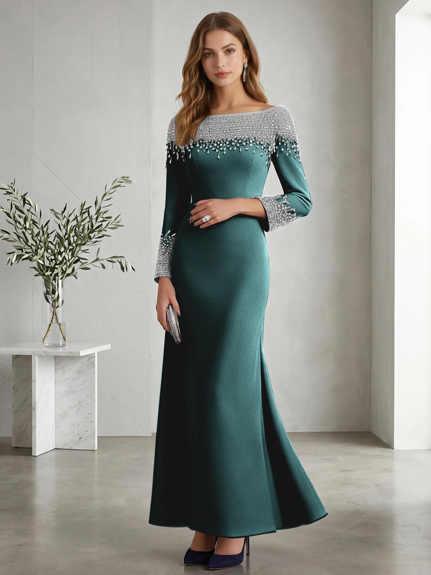 Beaded Off-the-Shoulder Long Sleeve Mermaid Evening Gown