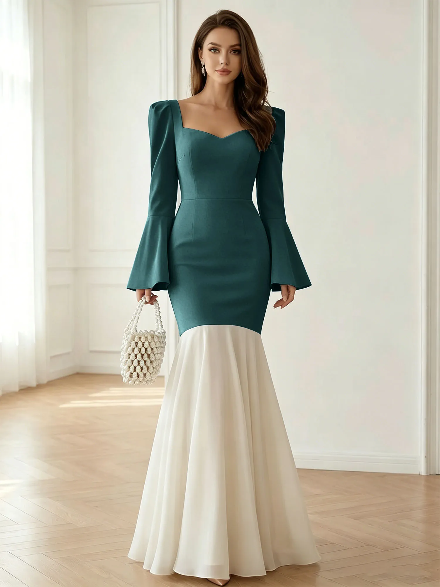 Sweetheart Neck Bell Sleeve Two-Tone Mermaid Evening Gown