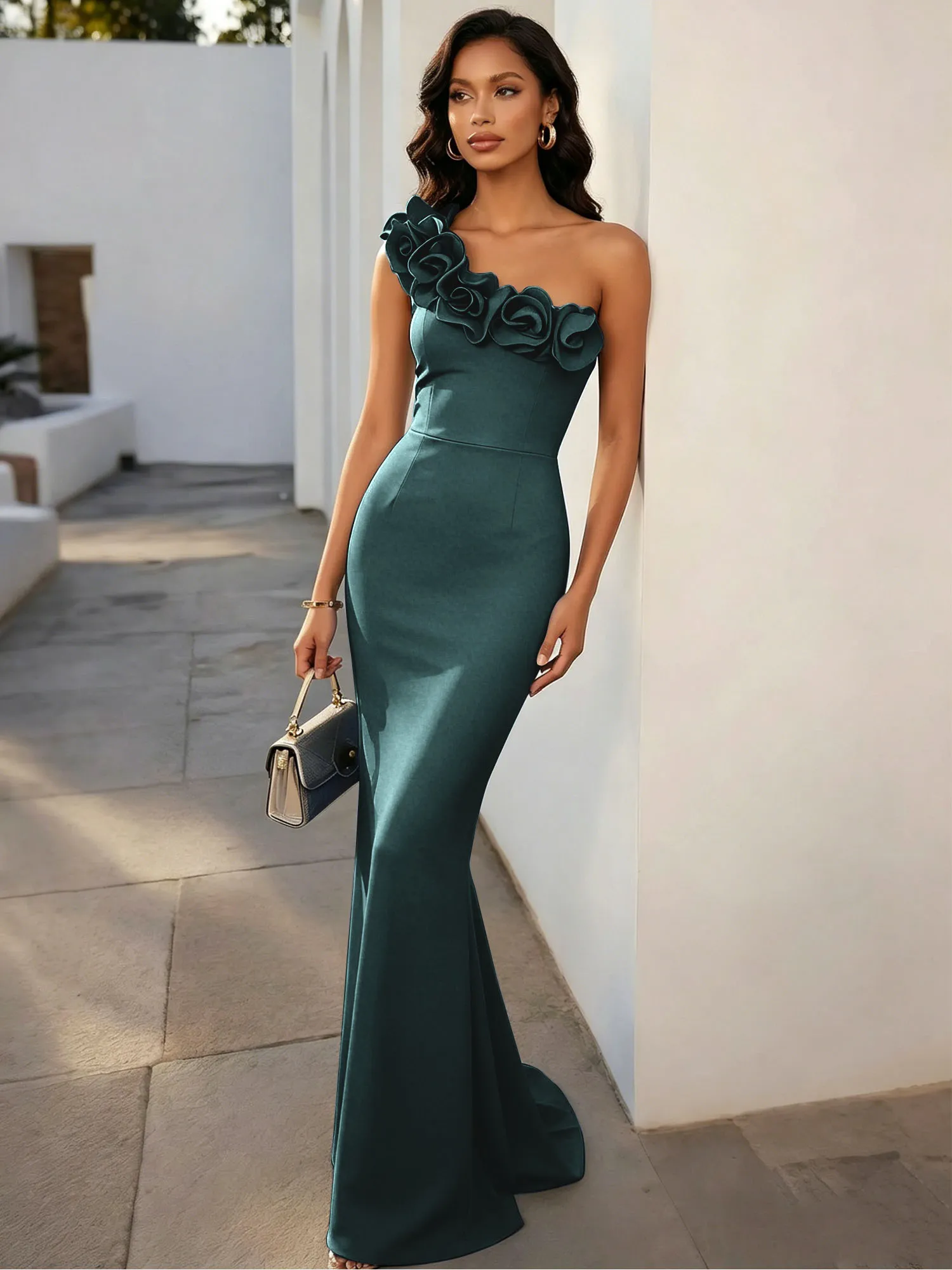 One-Shoulder 3D Floral Mermaid Evening Gown