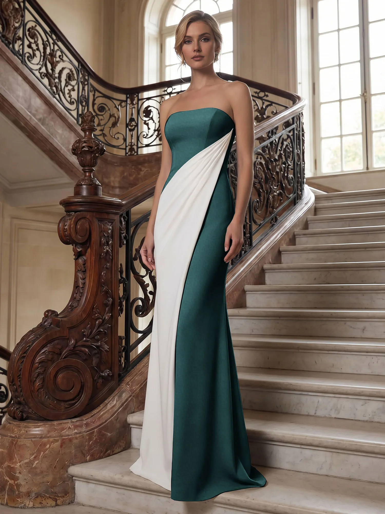 Strapless Two-Tone Draped Mermaid Evening Gown