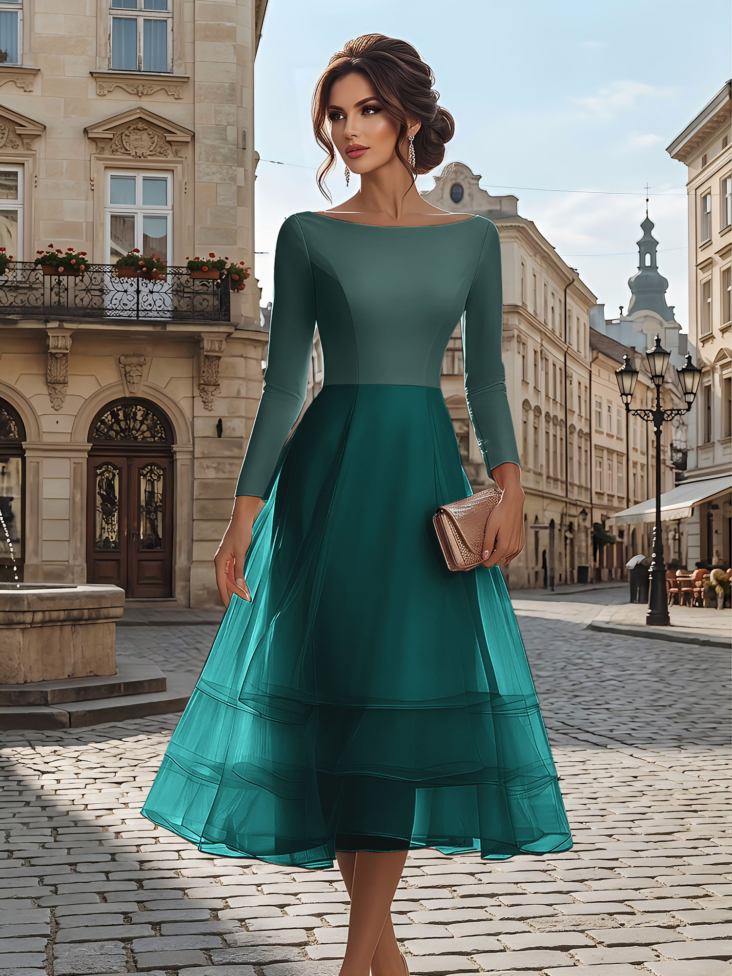 Timeless Evening Foraml Gown Blush Pink Long-Sleeve Layered Organza Midi Dress