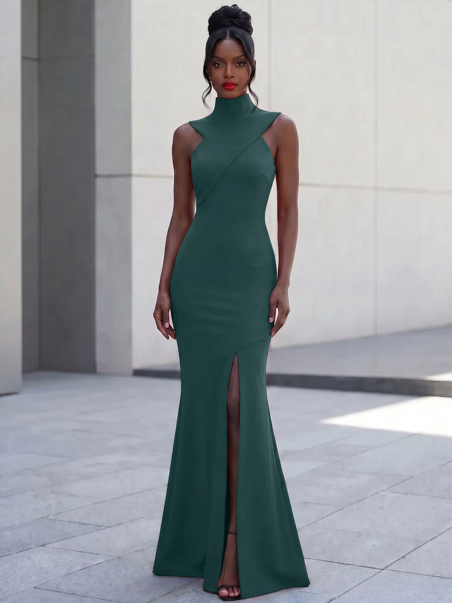 High Neck Asymmetric Cutout Mermaid Evening Gown