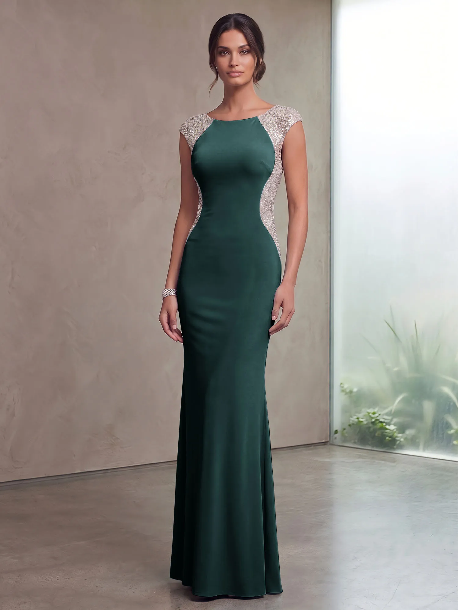 Bateau Neck Sequins Cap Sleeve Mermaid Evening Gown